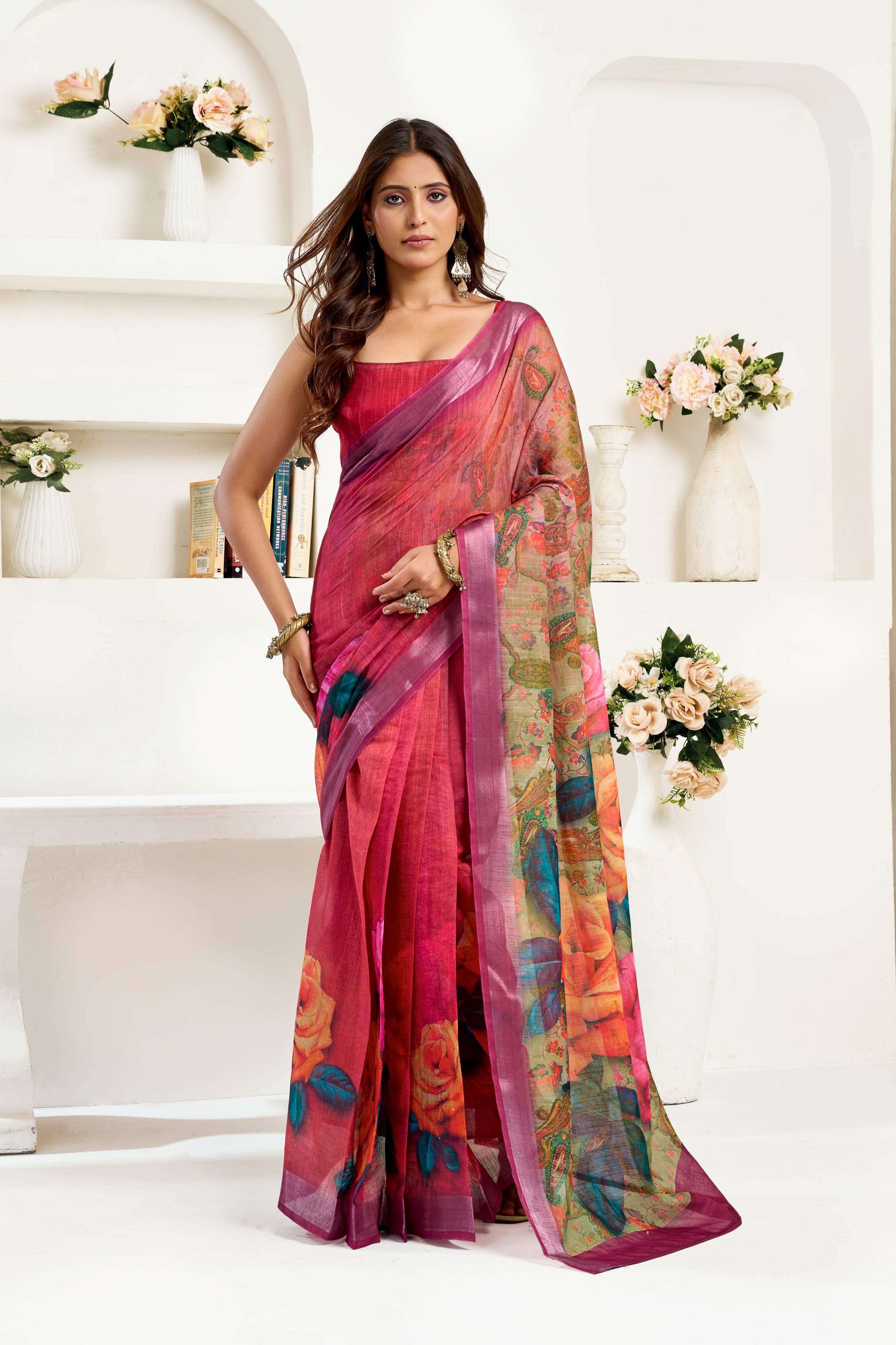 Dwija Fashion Maroon Party Wear Printed Linen Ready To Wear Saree With Unstitched Blouse | Grocsy