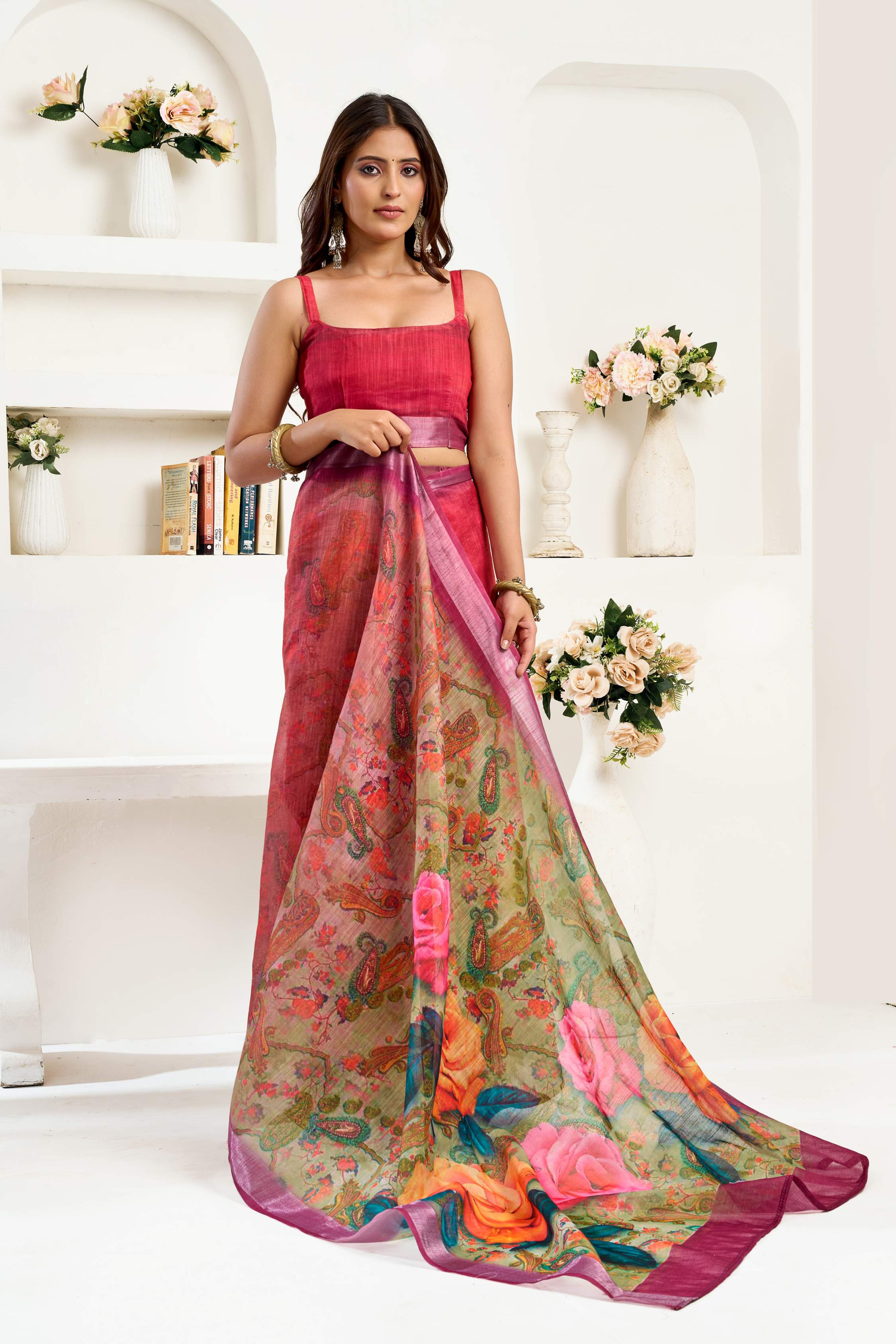 Dwija Fashion Maroon Party Wear Printed Linen Ready To Wear Saree With Unstitched Blouse | Grocsy