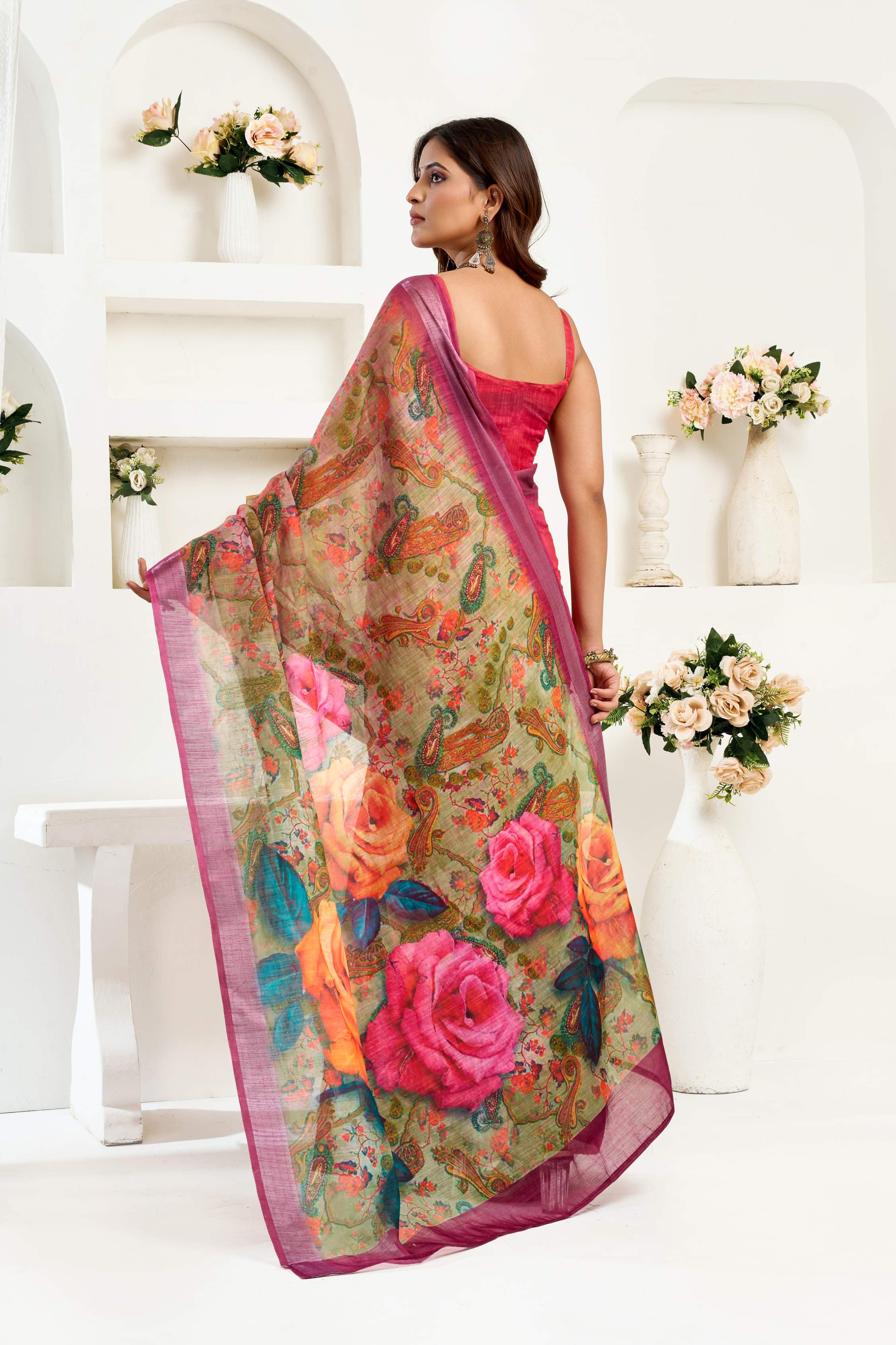 Dwija Fashion Maroon Party Wear Printed Linen Ready To Wear Saree With Unstitched Blouse | Grocsy