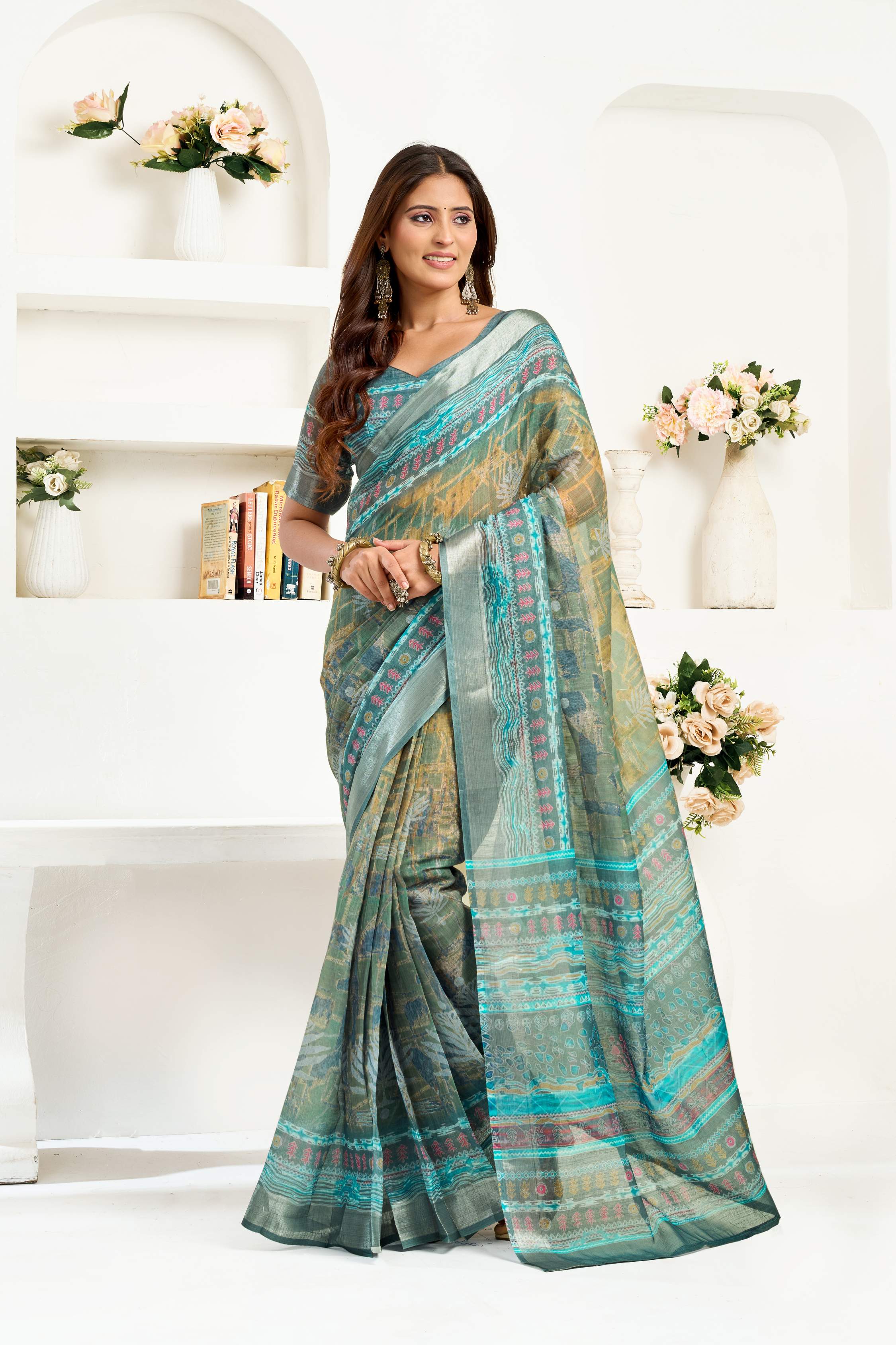 Dwija Fashion Sage Green Party Wear Printed Linen Ready To Wear Saree With Unstitched Blouse | Grocsy