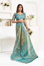 Dwija Fashion Sage Green Party Wear Printed Linen Ready To Wear Saree With Unstitched Blouse | Grocsy