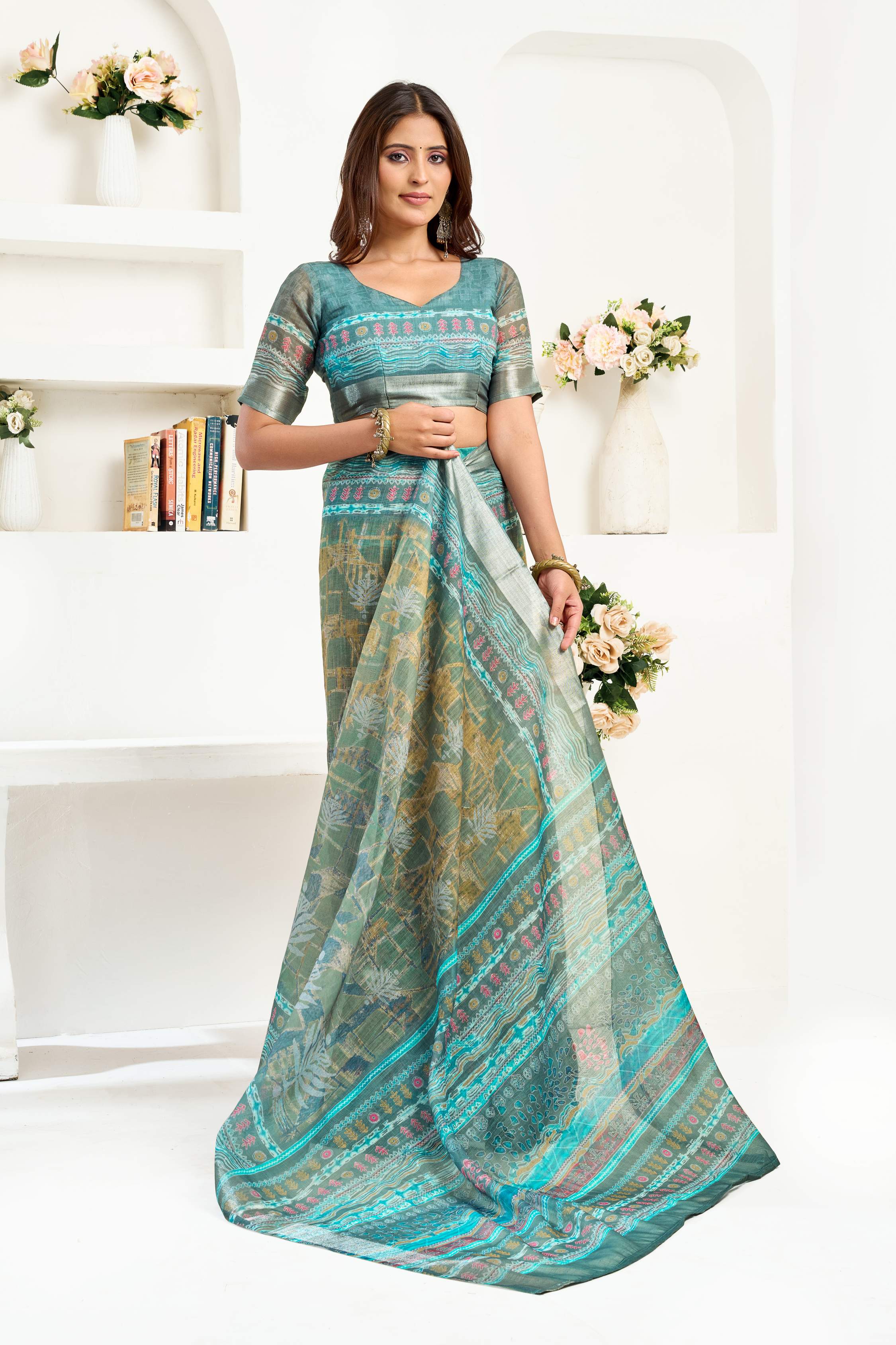 Dwija Fashion Sage Green Party Wear Printed Linen Ready To Wear Saree With Unstitched Blouse | Grocsy