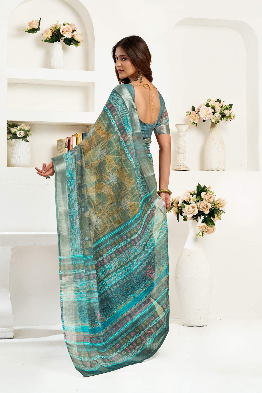 Dwija Fashion Sage Green Party Wear Printed Linen Ready To Wear Saree With Unstitched Blouse | Grocsy