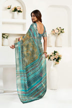 Dwija Fashion Sage Green Party Wear Printed Linen Ready To Wear Saree With Unstitched Blouse | Grocsy