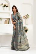 Dwija Fashion Grey Party Wear Printed Linen Ready To Wear Saree With Unstitched Blouse | Grocsy