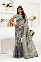 Dwija Fashion Grey Party Wear Printed Linen Ready To Wear Saree With Unstitched Blouse | Grocsy