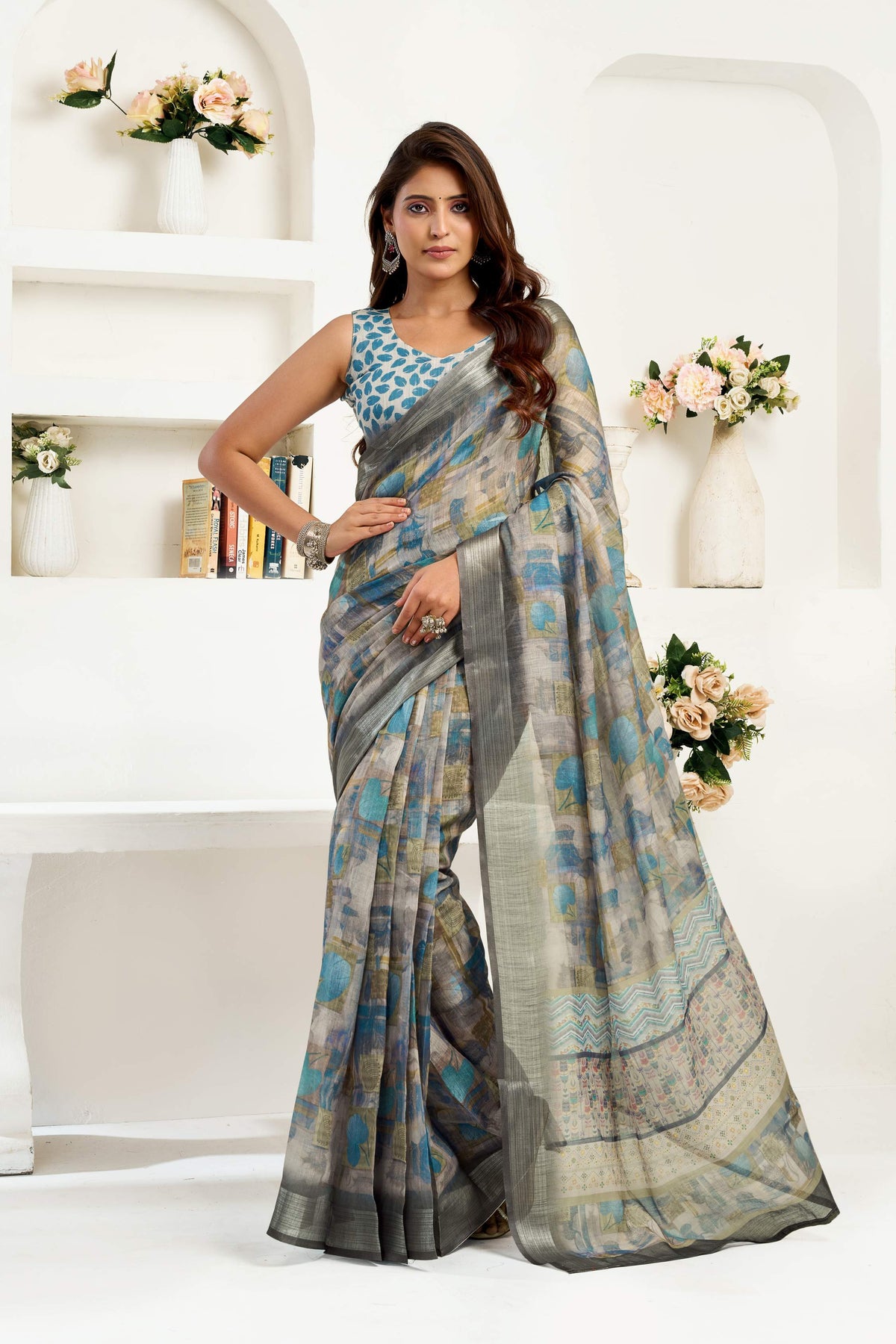 Dwija Fashion Grey Party Wear Printed Linen Ready To Wear Saree With Unstitched Blouse | Grocsy