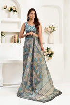 Dwija Fashion Grey Party Wear Printed Linen Ready To Wear Saree With Unstitched Blouse | Grocsy