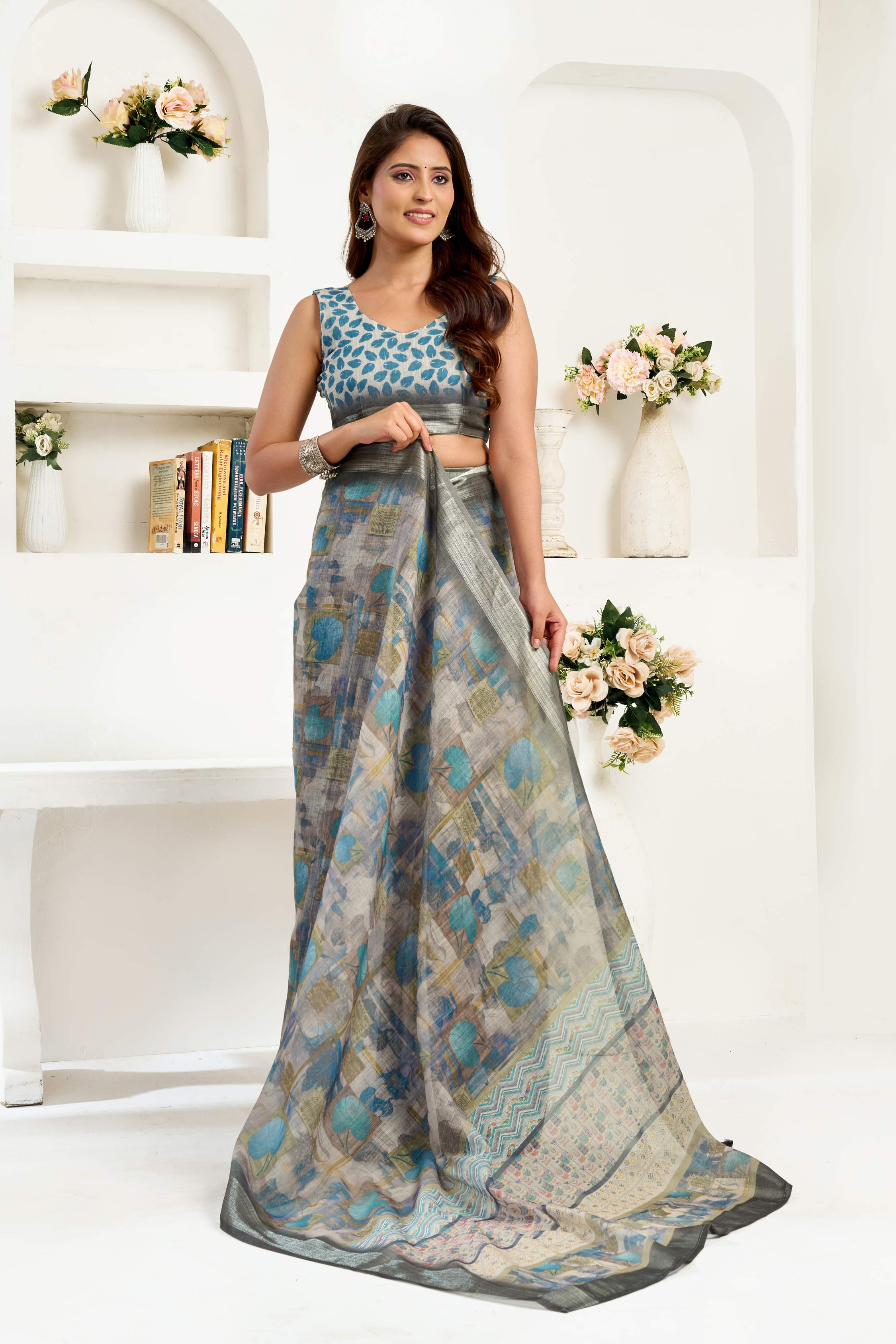 Dwija Fashion Grey Party Wear Printed Linen Ready To Wear Saree With Unstitched Blouse | Grocsy