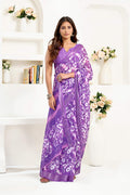 Dwija Fashion Lavender Party Wear Printed Linen Ready To Wear Saree With Unstitched Blouse | Grocsy