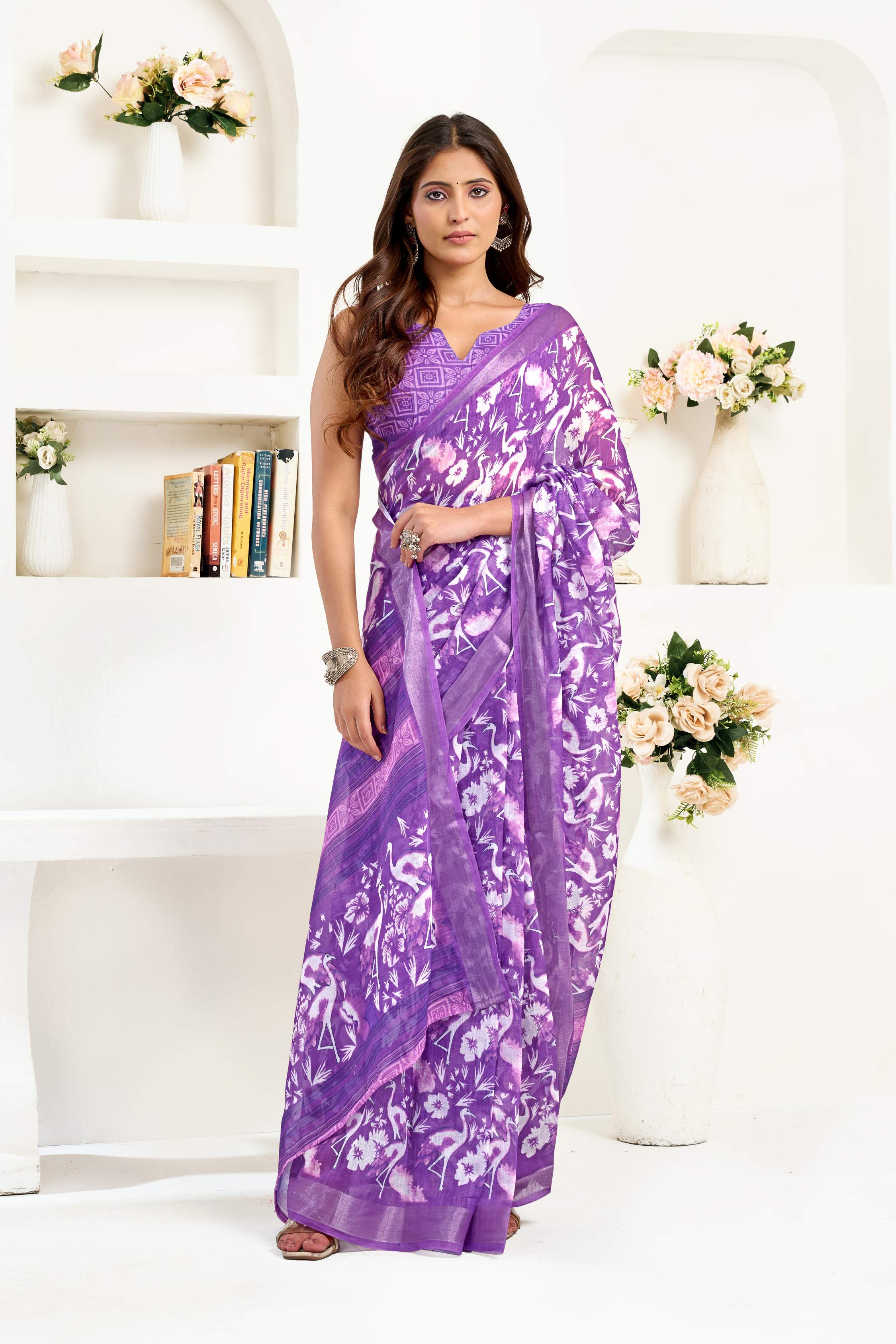 Dwija Fashion Lavender Party Wear Printed Linen Ready To Wear Saree With Unstitched Blouse | Grocsy