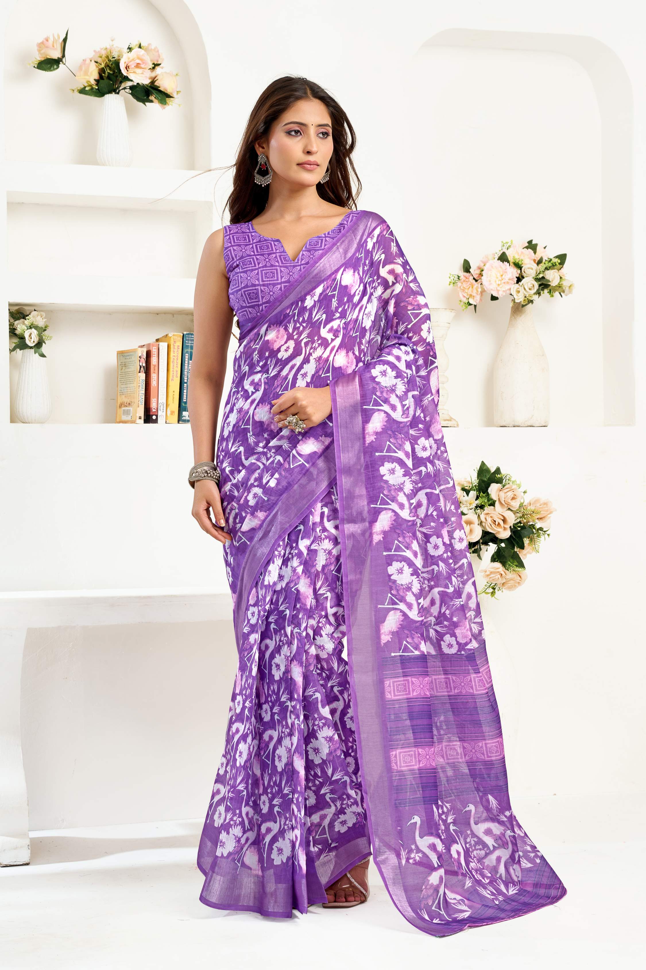 Dwija Fashion Lavender Party Wear Printed Linen Ready To Wear Saree With Unstitched Blouse | Grocsy