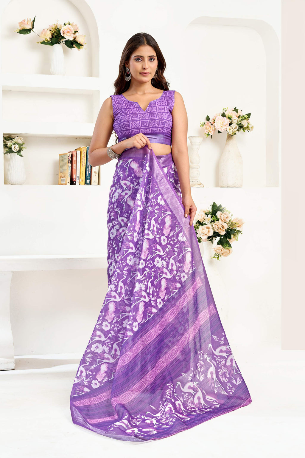 Dwija Fashion Lavender Party Wear Printed Linen Ready To Wear Saree With Unstitched Blouse | Grocsy