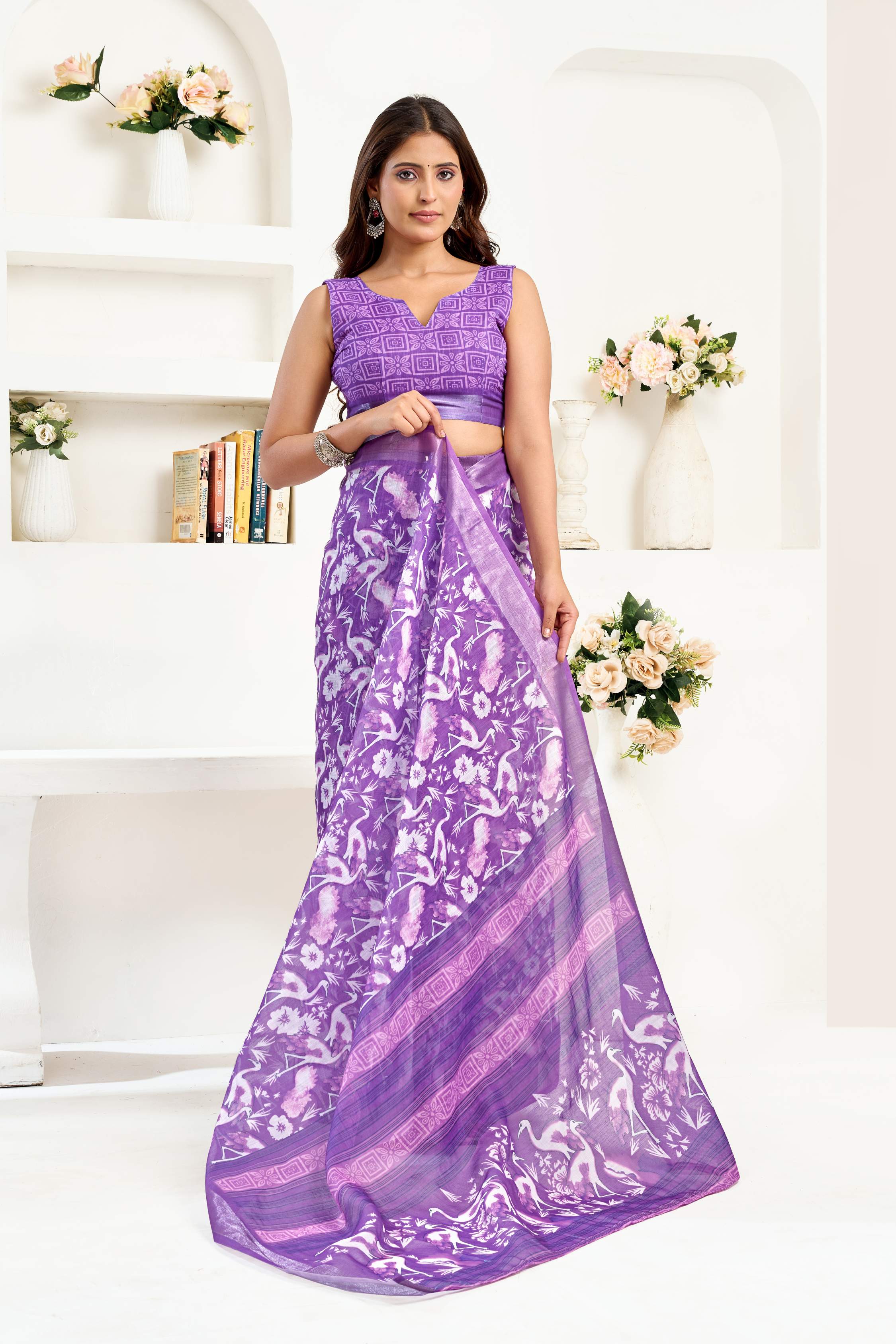 Dwija Fashion Lavender Party Wear Printed Linen Ready To Wear Saree With Unstitched Blouse | Grocsy