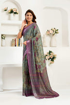 Dwija Fashion Sage Green Party Wear Printed Linen Ready To Wear Saree With Unstitched Blouse | Grocsy