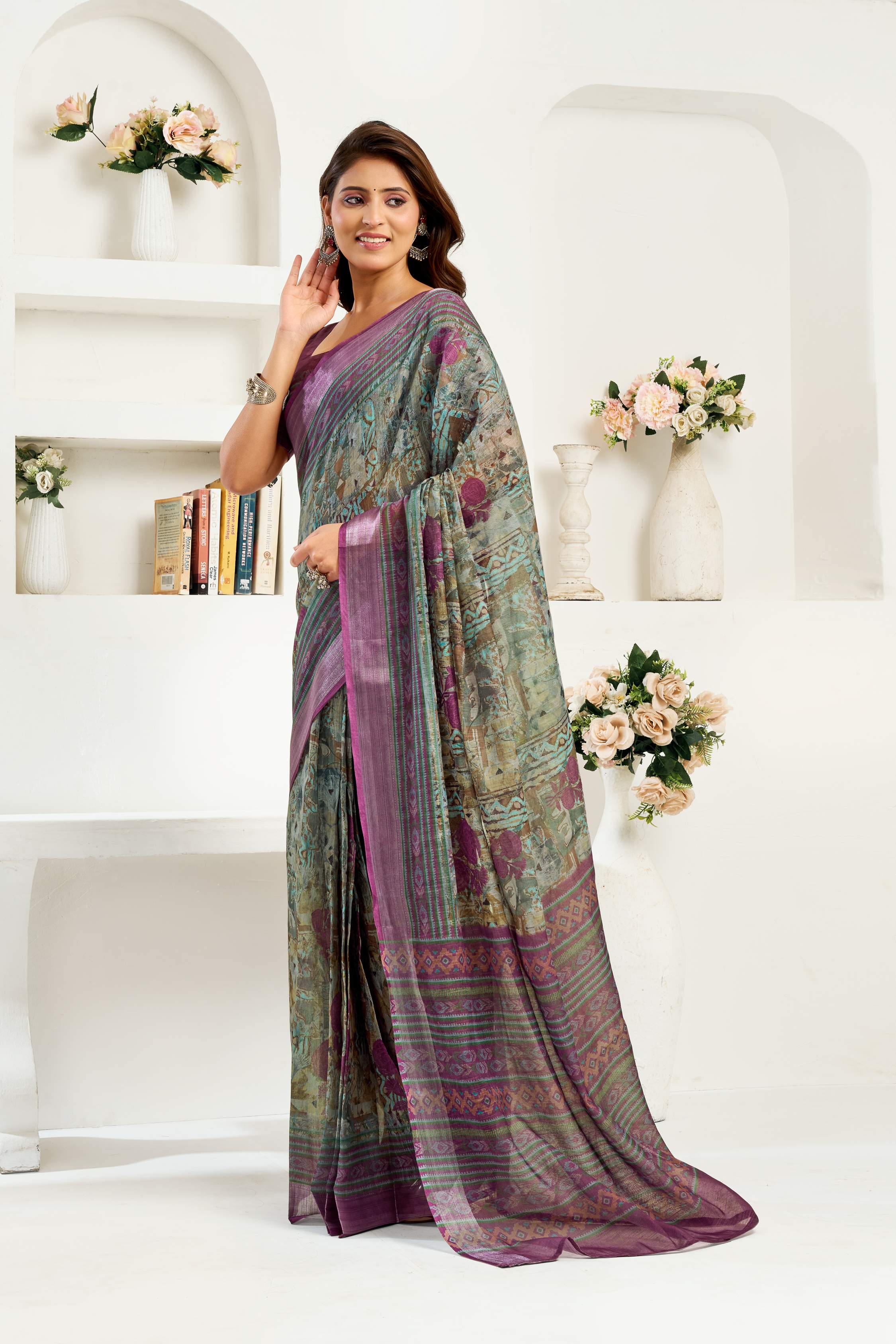 Dwija Fashion Sage Green Party Wear Printed Linen Ready To Wear Saree With Unstitched Blouse | Grocsy