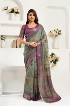 Dwija Fashion Sage Green Party Wear Printed Linen Ready To Wear Saree With Unstitched Blouse | Grocsy