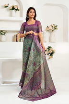 Dwija Fashion Sage Green Party Wear Printed Linen Ready To Wear Saree With Unstitched Blouse | Grocsy