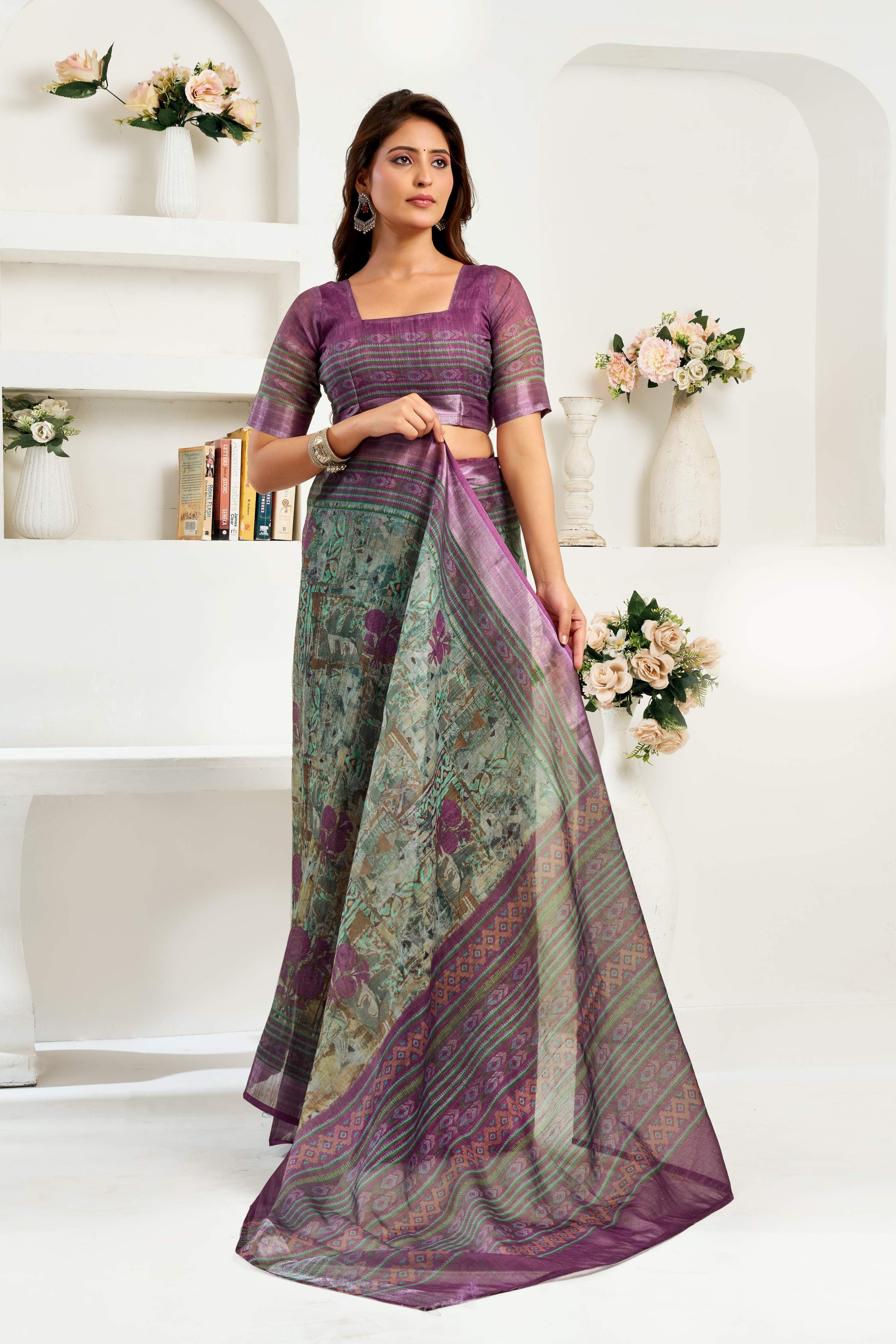 Dwija Fashion Sage Green Party Wear Printed Linen Ready To Wear Saree With Unstitched Blouse | Grocsy