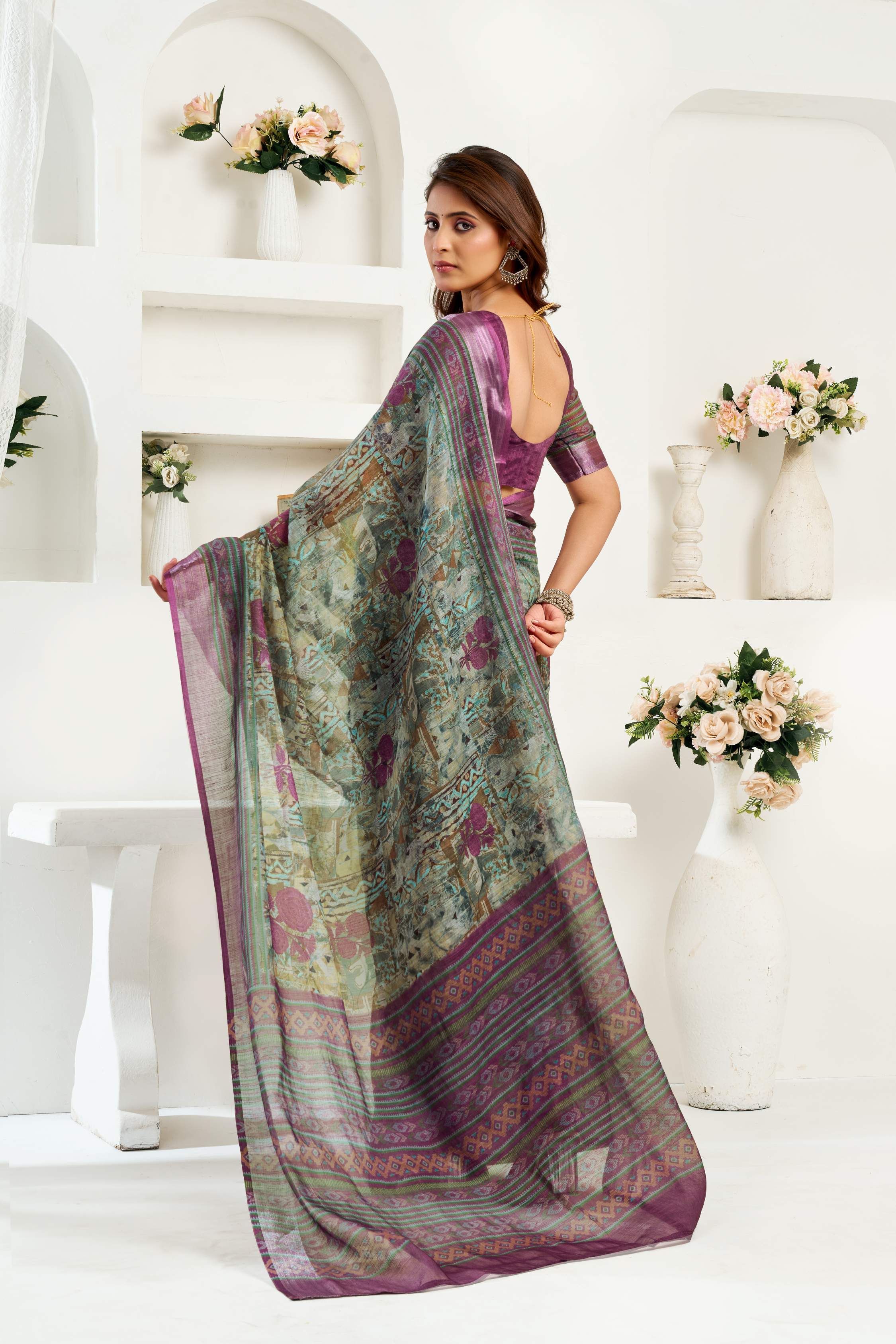 Dwija Fashion Sage Green Party Wear Printed Linen Ready To Wear Saree With Unstitched Blouse | Grocsy