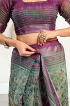 Dwija Fashion Sage Green Party Wear Printed Linen Ready To Wear Saree With Unstitched Blouse | Grocsy