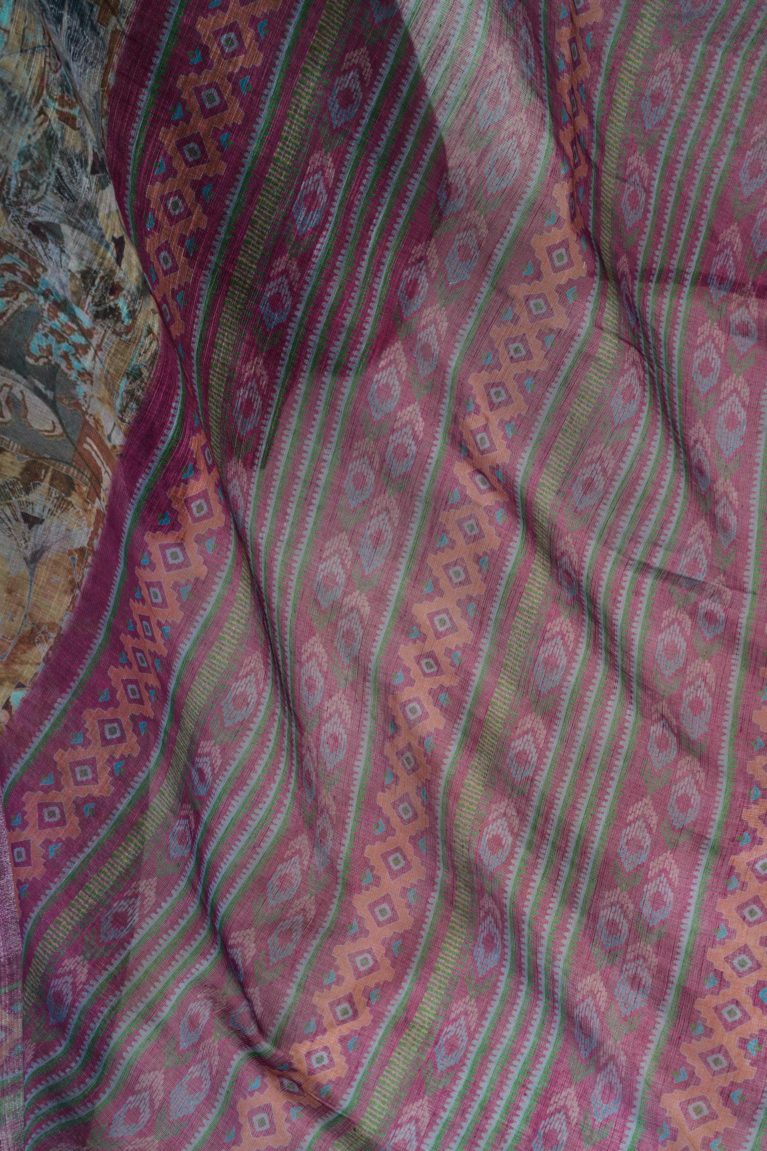 Dwija Fashion Sage Green Party Wear Printed Linen Ready To Wear Saree With Unstitched Blouse | Grocsy