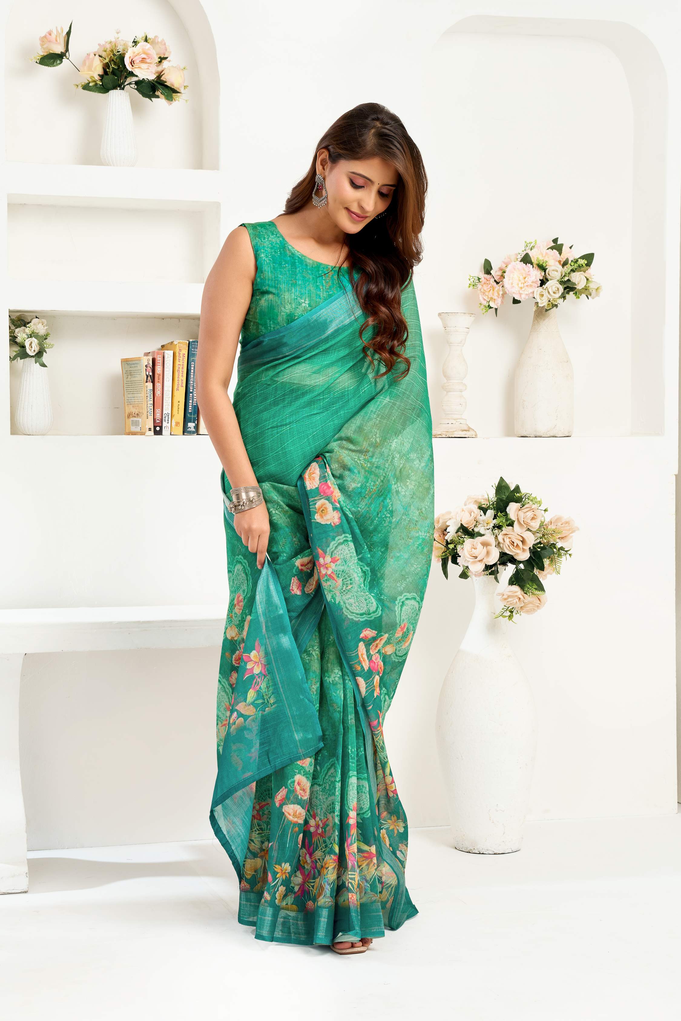 Dwija Fashion Green Party Wear Printed Linen Ready To Wear Saree With Unstitched Blouse | Grocsy