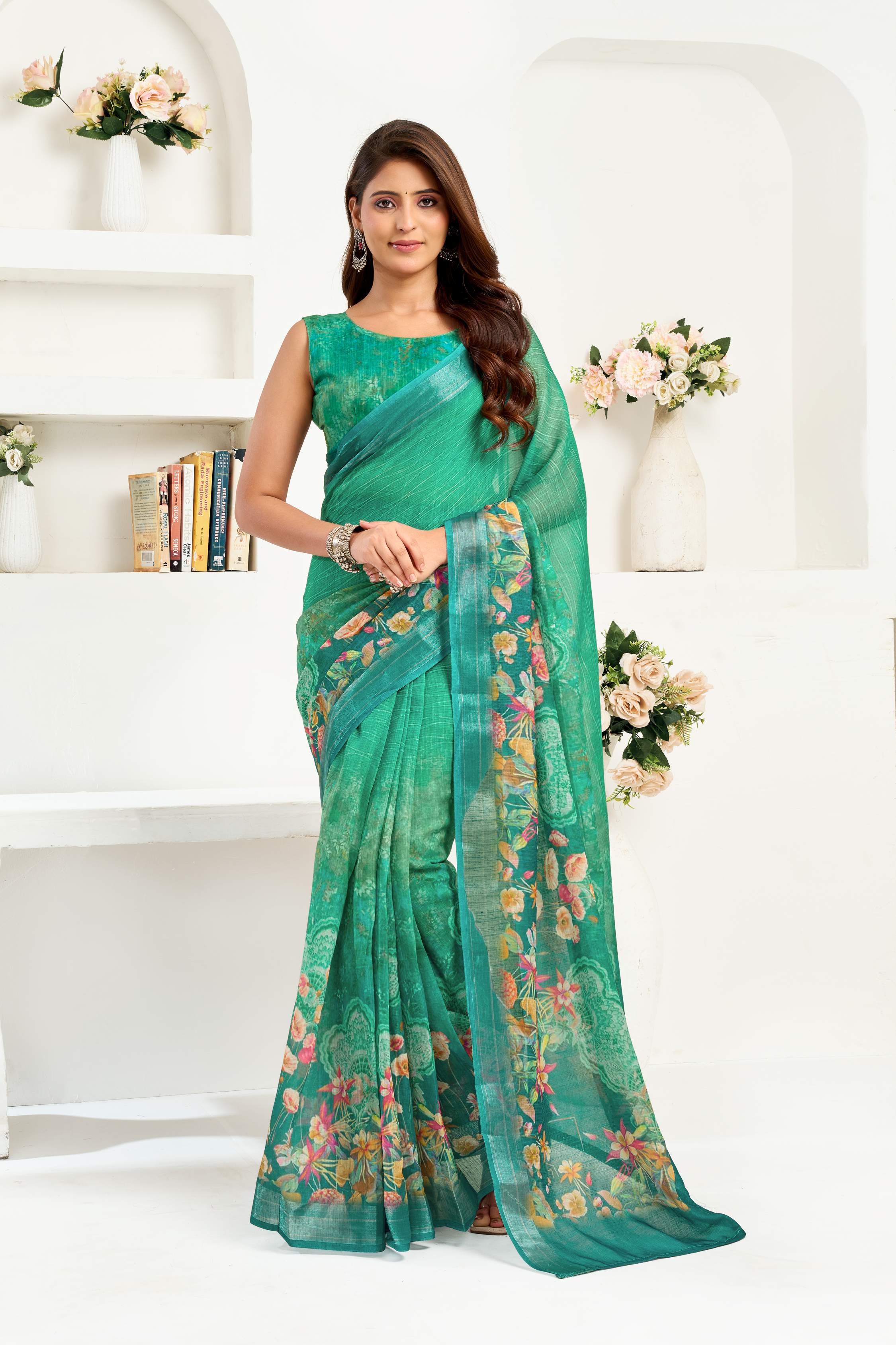 Dwija Fashion Green Party Wear Printed Linen Ready To Wear Saree With Unstitched Blouse | Grocsy