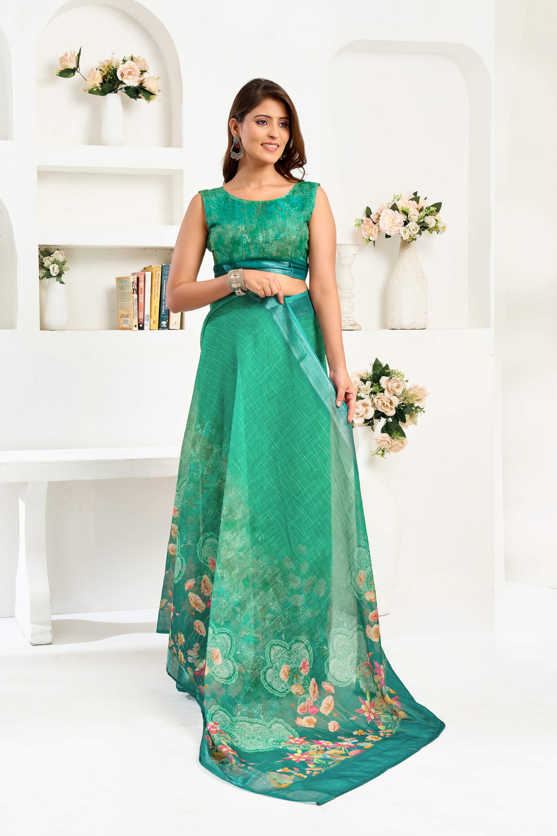 Dwija Fashion Green Party Wear Printed Linen Ready To Wear Saree With Unstitched Blouse | Grocsy