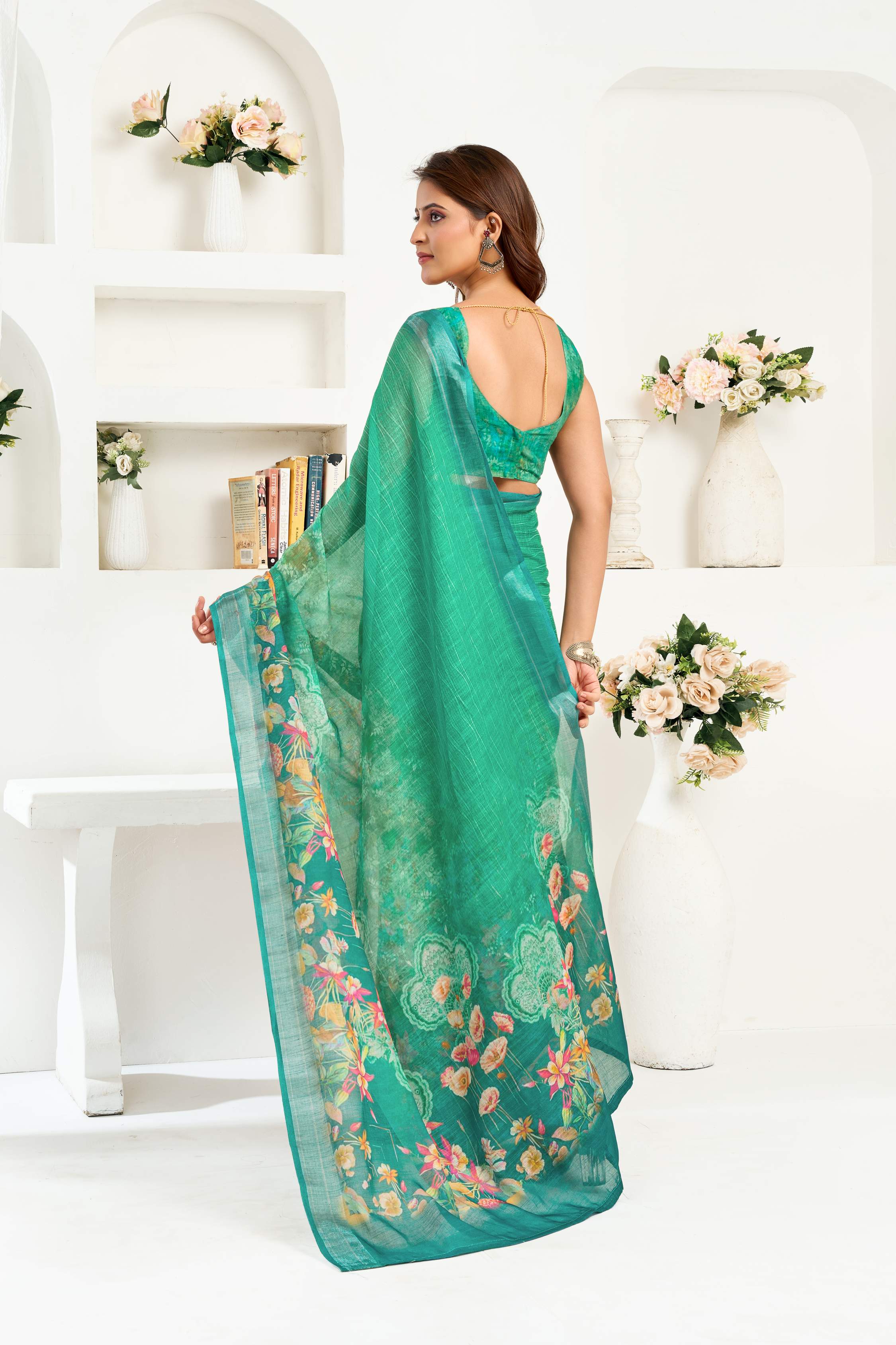 Dwija Fashion Green Party Wear Printed Linen Ready To Wear Saree With Unstitched Blouse | Grocsy