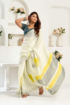 Dwija Fashion White Party Wear Printed Linen Ready To Wear Saree With Unstitched Blouse | Grocsy