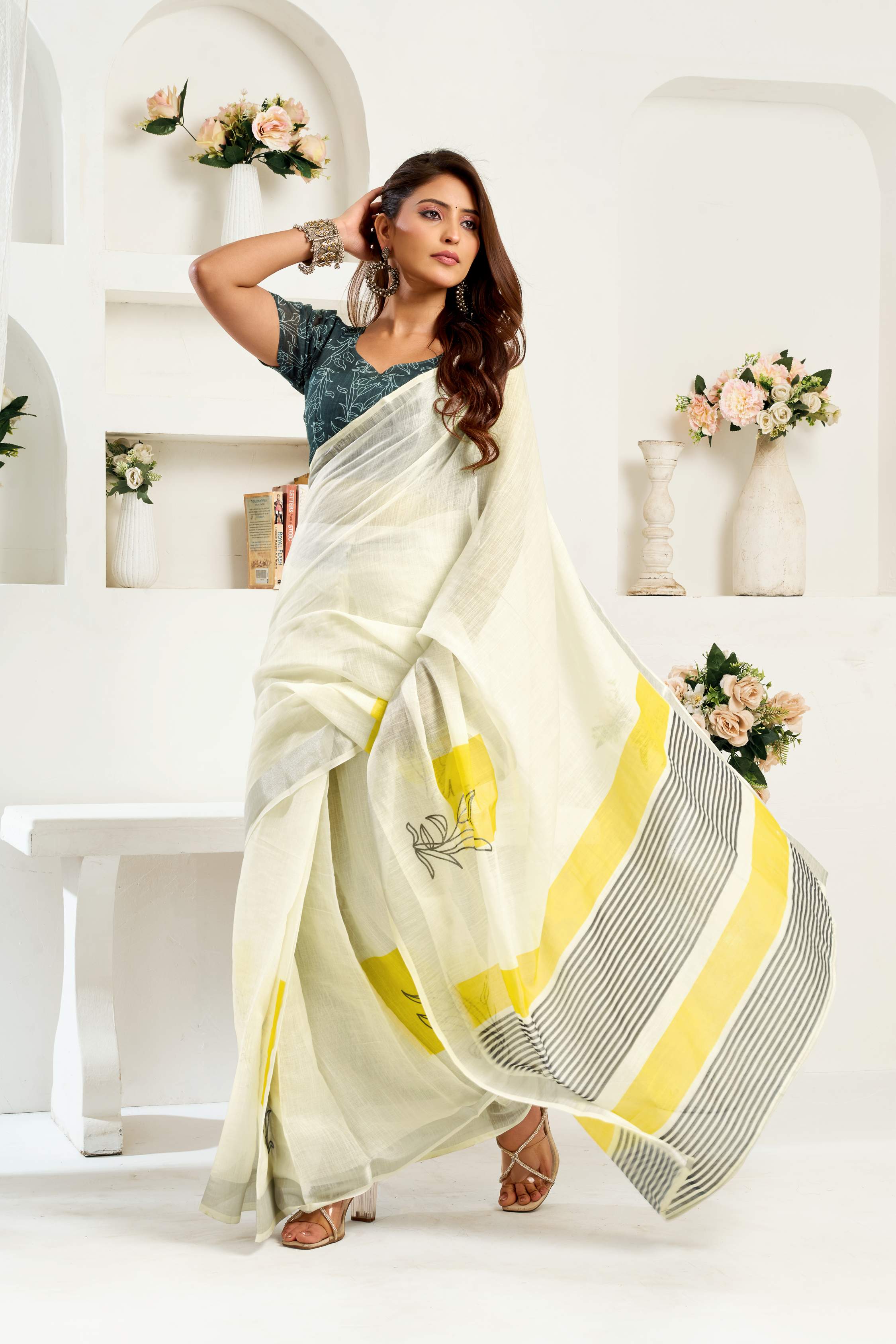 Dwija Fashion White Party Wear Printed Linen Ready To Wear Saree With Unstitched Blouse | Grocsy