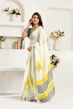 Dwija Fashion White Party Wear Printed Linen Ready To Wear Saree With Unstitched Blouse | Grocsy