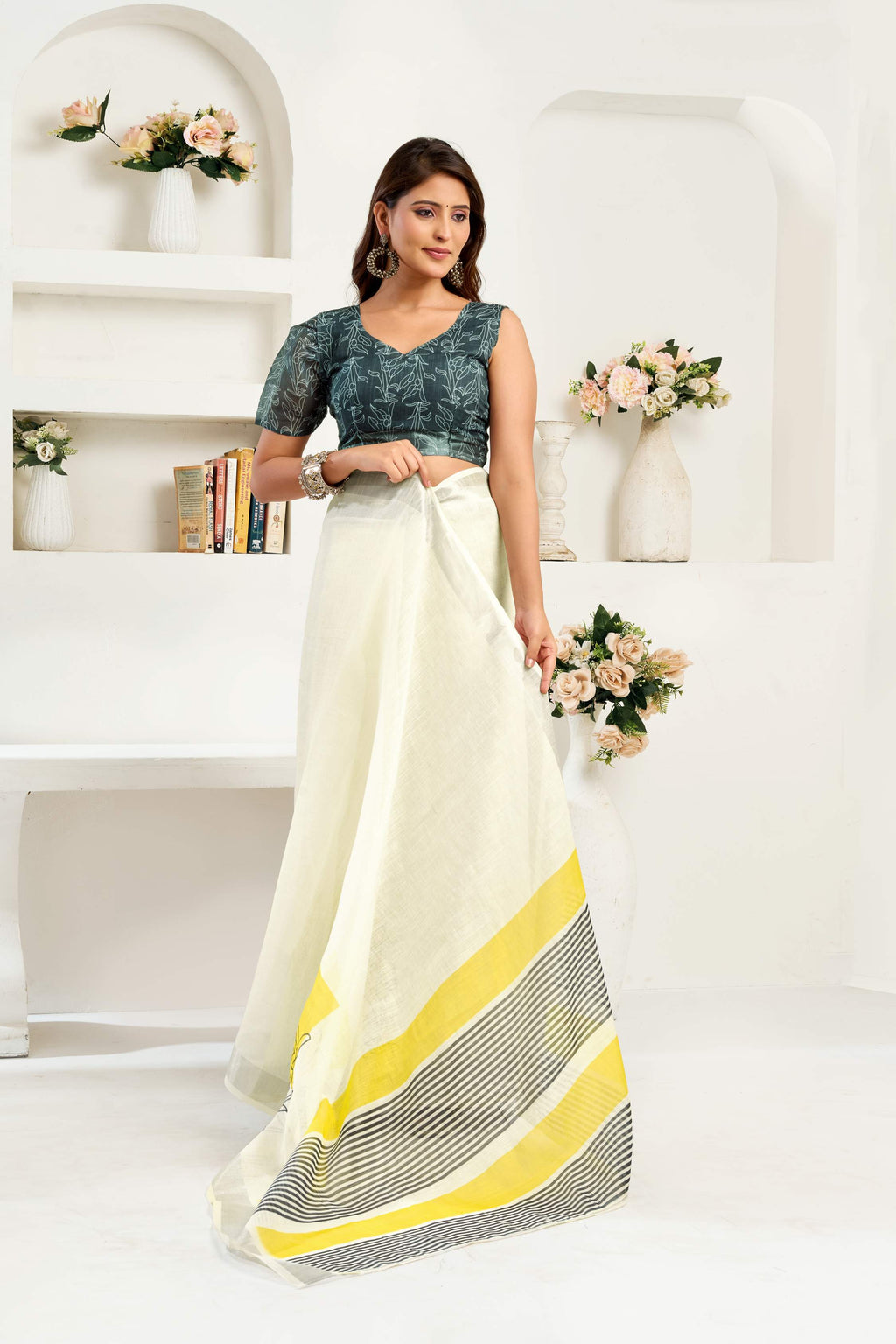 Dwija Fashion White Party Wear Printed Linen Ready To Wear Saree With Unstitched Blouse | Grocsy
