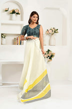 Dwija Fashion White Party Wear Printed Linen Ready To Wear Saree With Unstitched Blouse | Grocsy