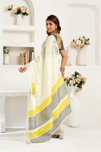 Dwija Fashion White Party Wear Printed Linen Ready To Wear Saree With Unstitched Blouse | Grocsy