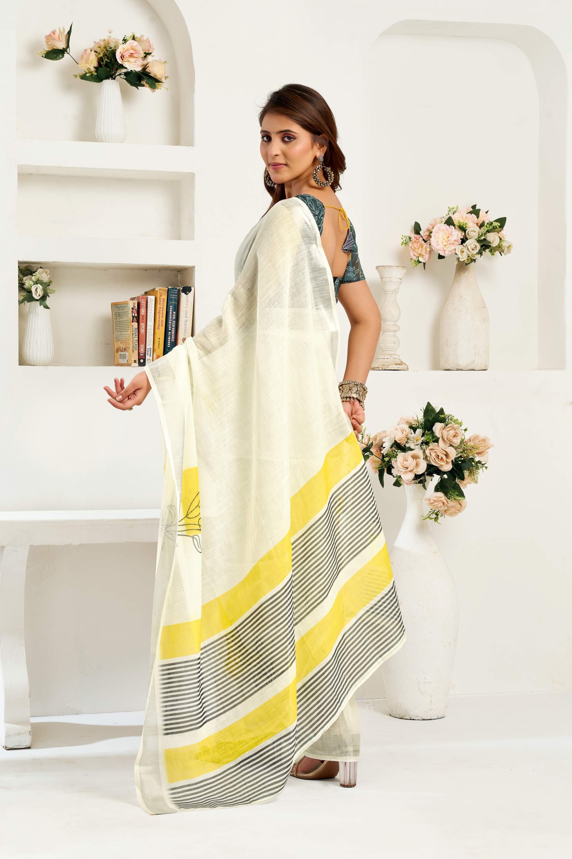 Dwija Fashion White Party Wear Printed Linen Ready To Wear Saree With Unstitched Blouse | Grocsy