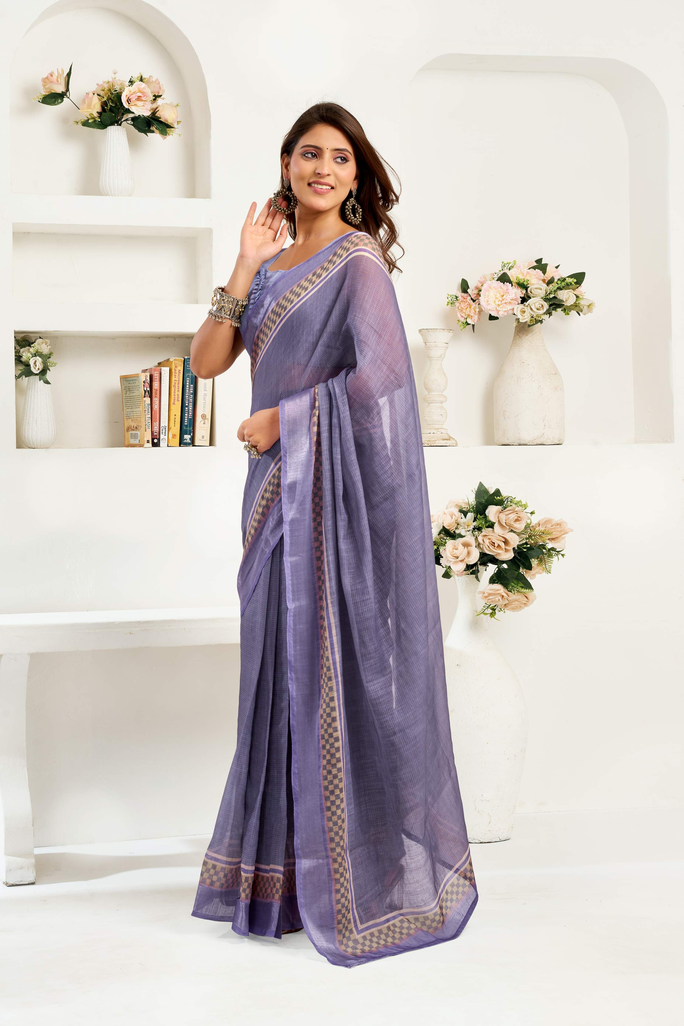 Dwija Fashion Navy Blue Party Wear Printed Linen Ready To Wear Saree With Unstitched Blouse | Grocsy