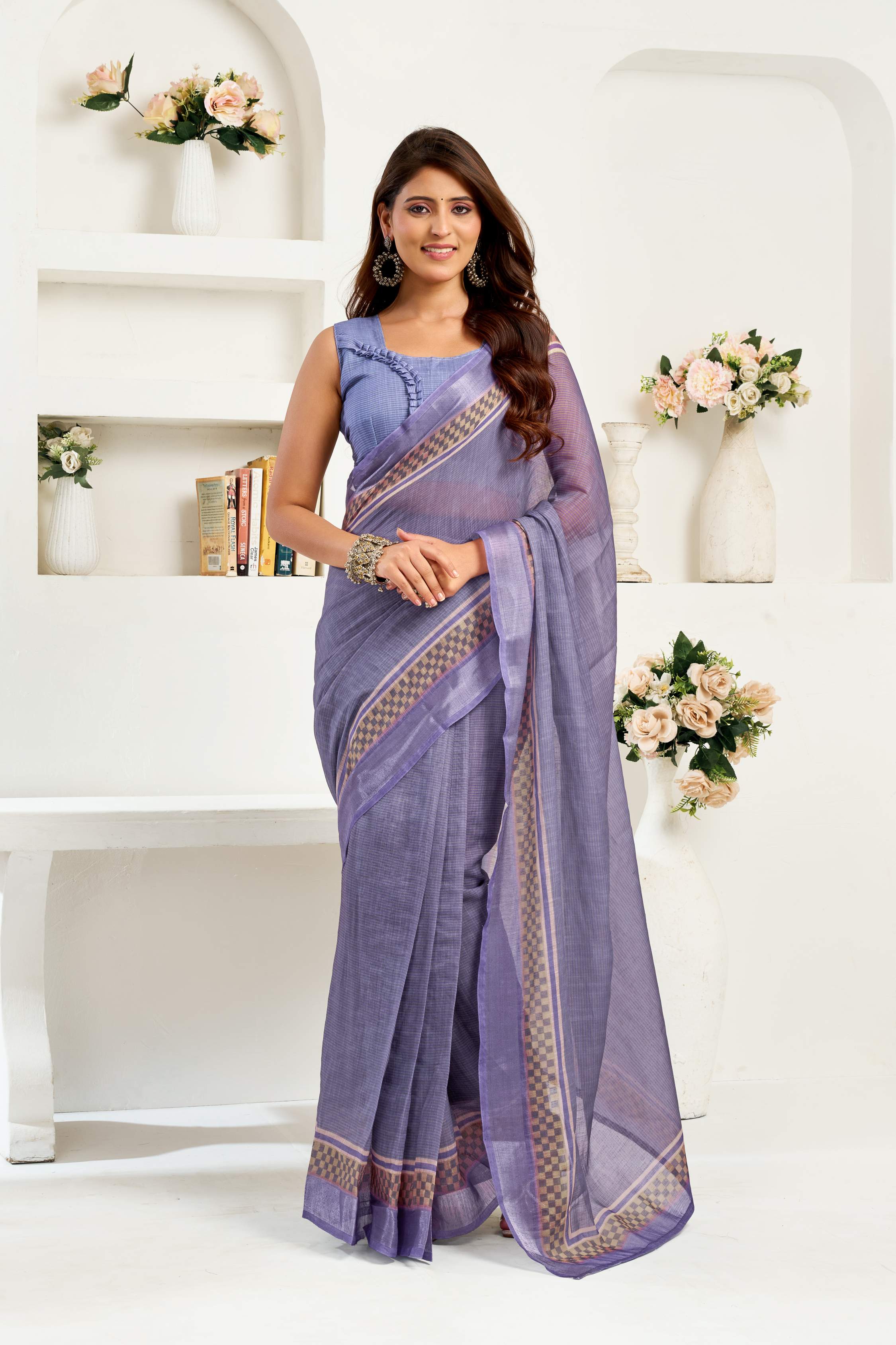 Dwija Fashion Navy Blue Party Wear Printed Linen Ready To Wear Saree With Unstitched Blouse | Grocsy