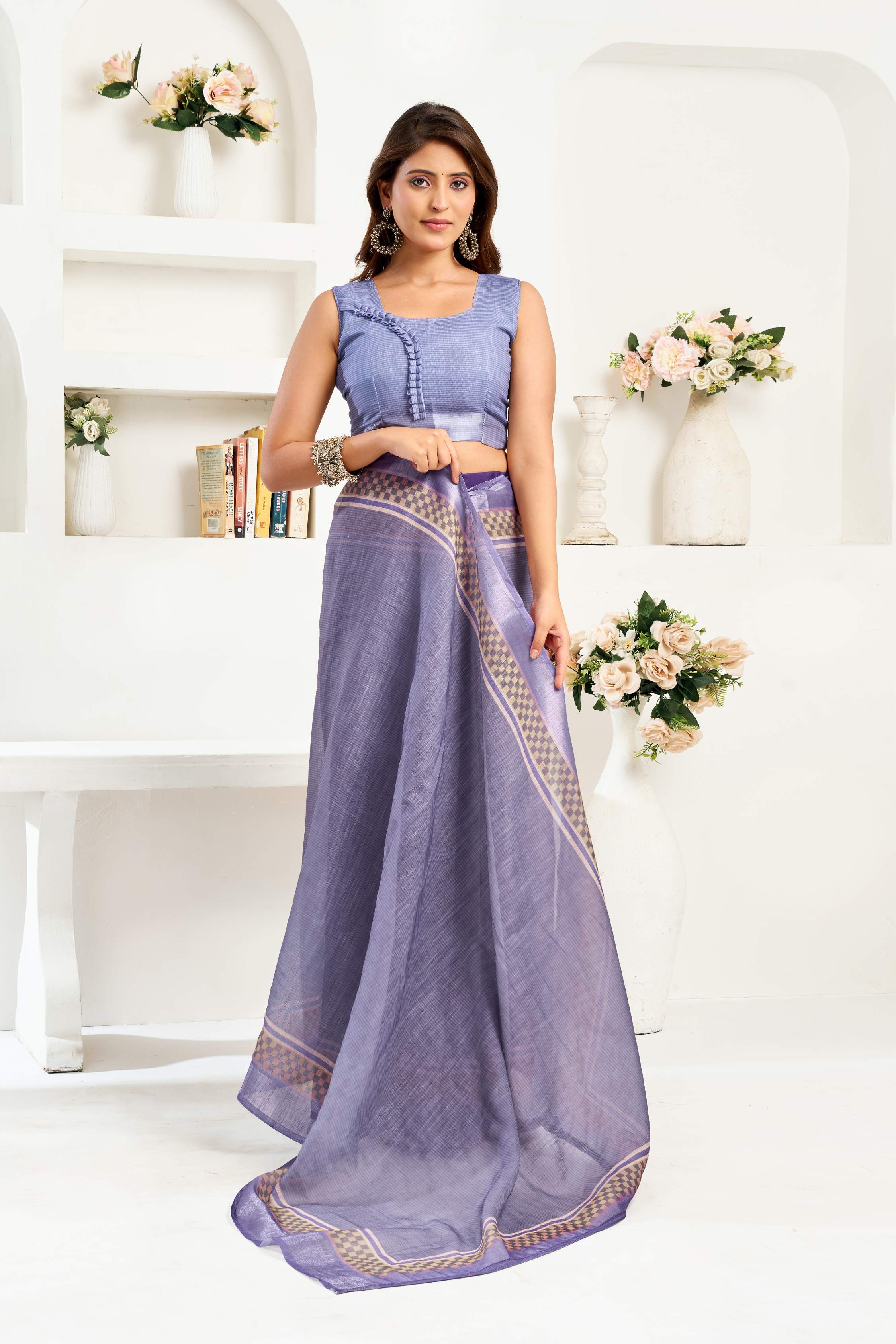 Dwija Fashion Navy Blue Party Wear Printed Linen Ready To Wear Saree With Unstitched Blouse | Grocsy