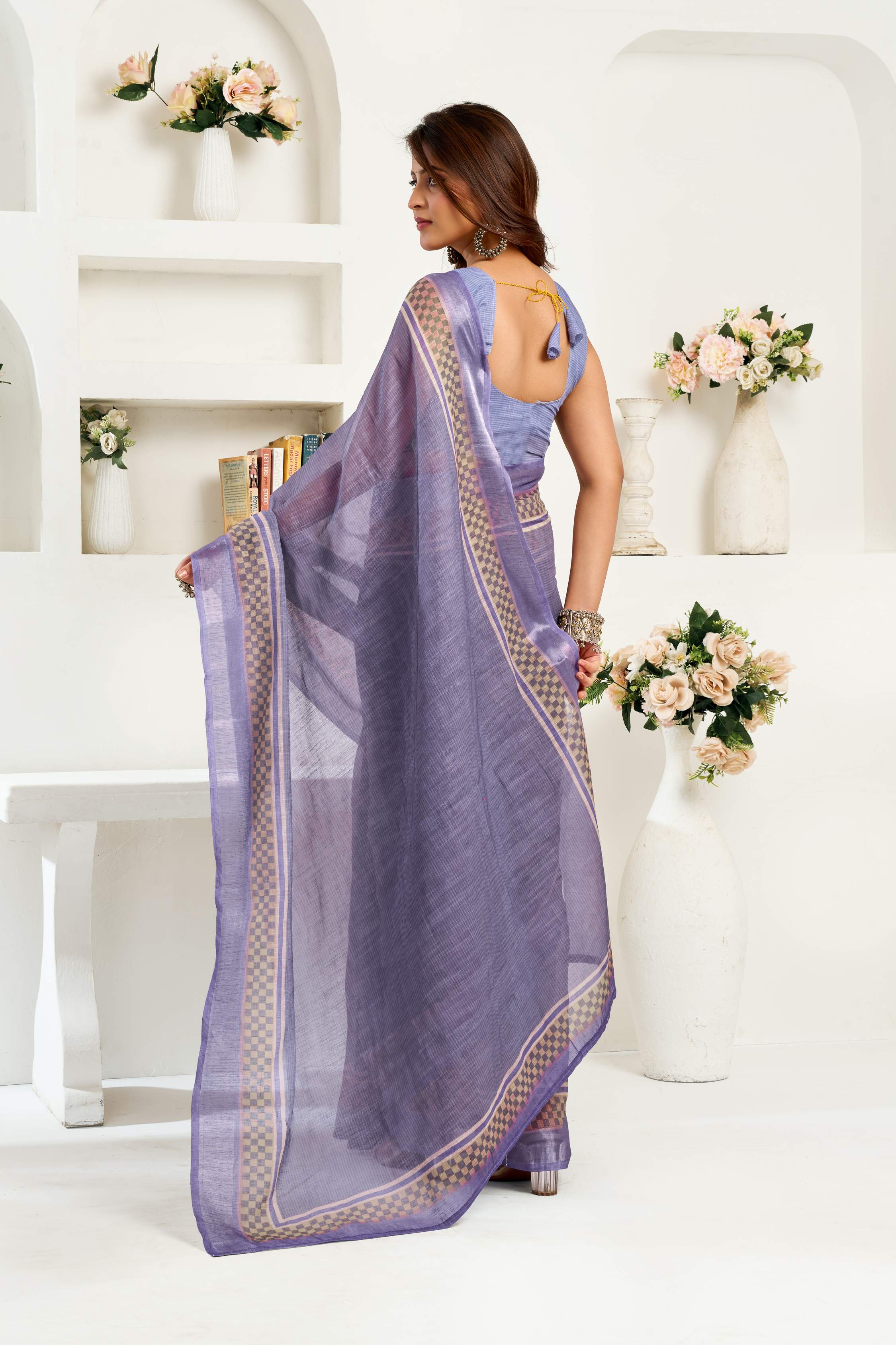 Dwija Fashion Navy Blue Party Wear Printed Linen Ready To Wear Saree With Unstitched Blouse | Grocsy