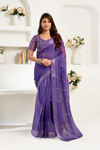 Dwija Fashion Navy Blue Party Wear Printed Linen Ready To Wear Saree With Unstitched Blouse | Grocsy