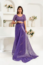 Dwija Fashion Navy Blue Party Wear Printed Linen Ready To Wear Saree With Unstitched Blouse | Grocsy