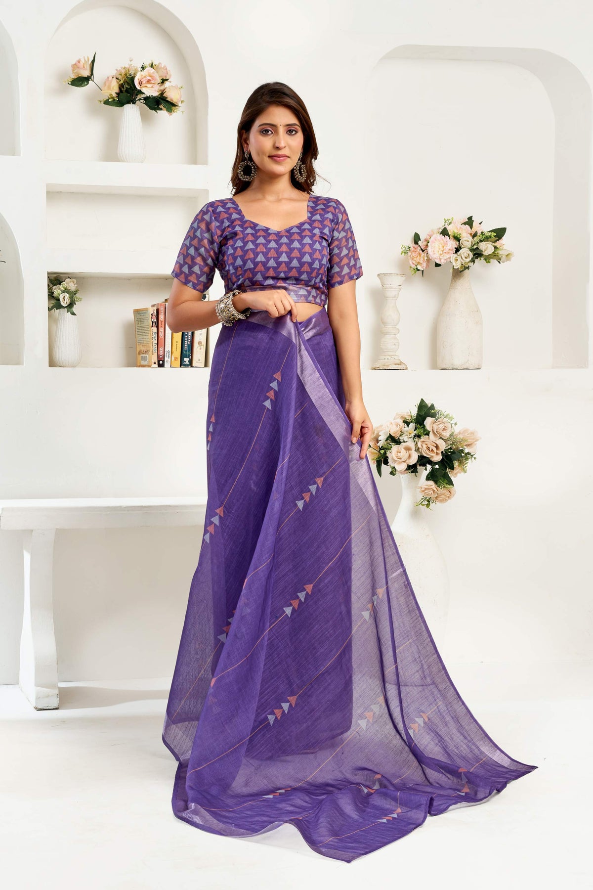 Dwija Fashion Navy Blue Party Wear Printed Linen Ready To Wear Saree With Unstitched Blouse | Grocsy