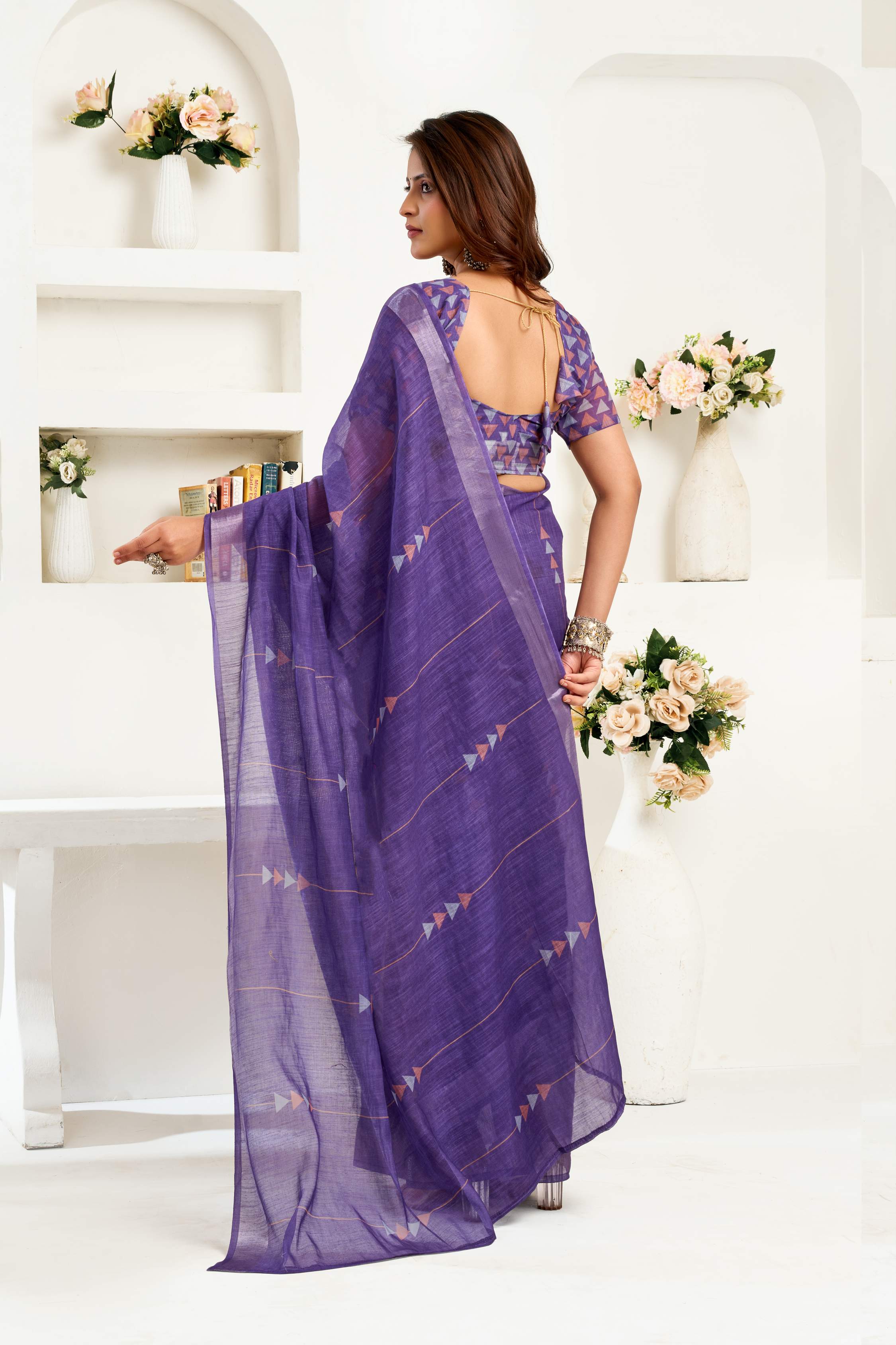 Dwija Fashion Navy Blue Party Wear Printed Linen Ready To Wear Saree With Unstitched Blouse | Grocsy