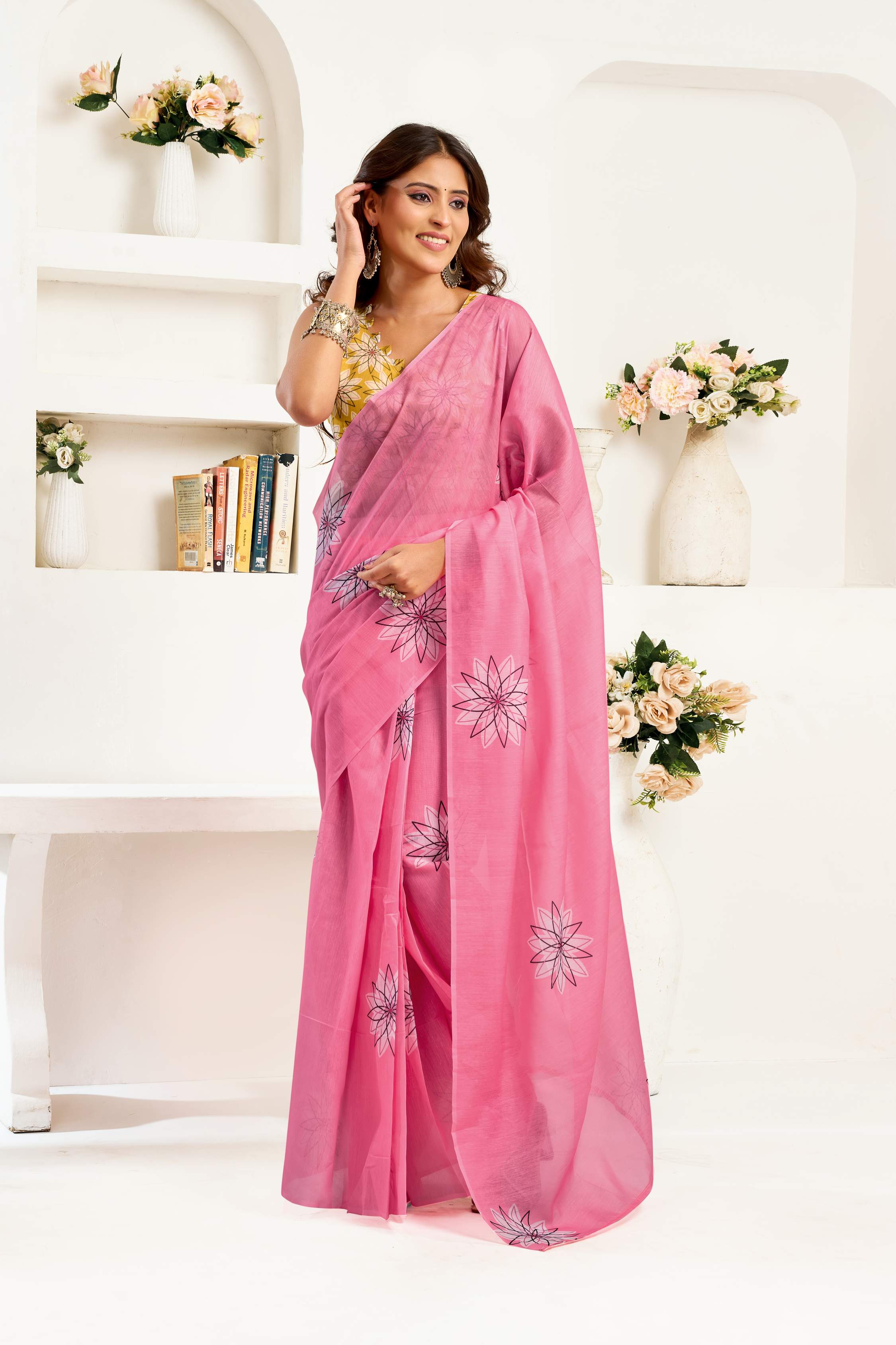 Dwija Fashion Pink Party Wear Printed Linen Ready To Wear Saree With Unstitched Blouse | Grocsy