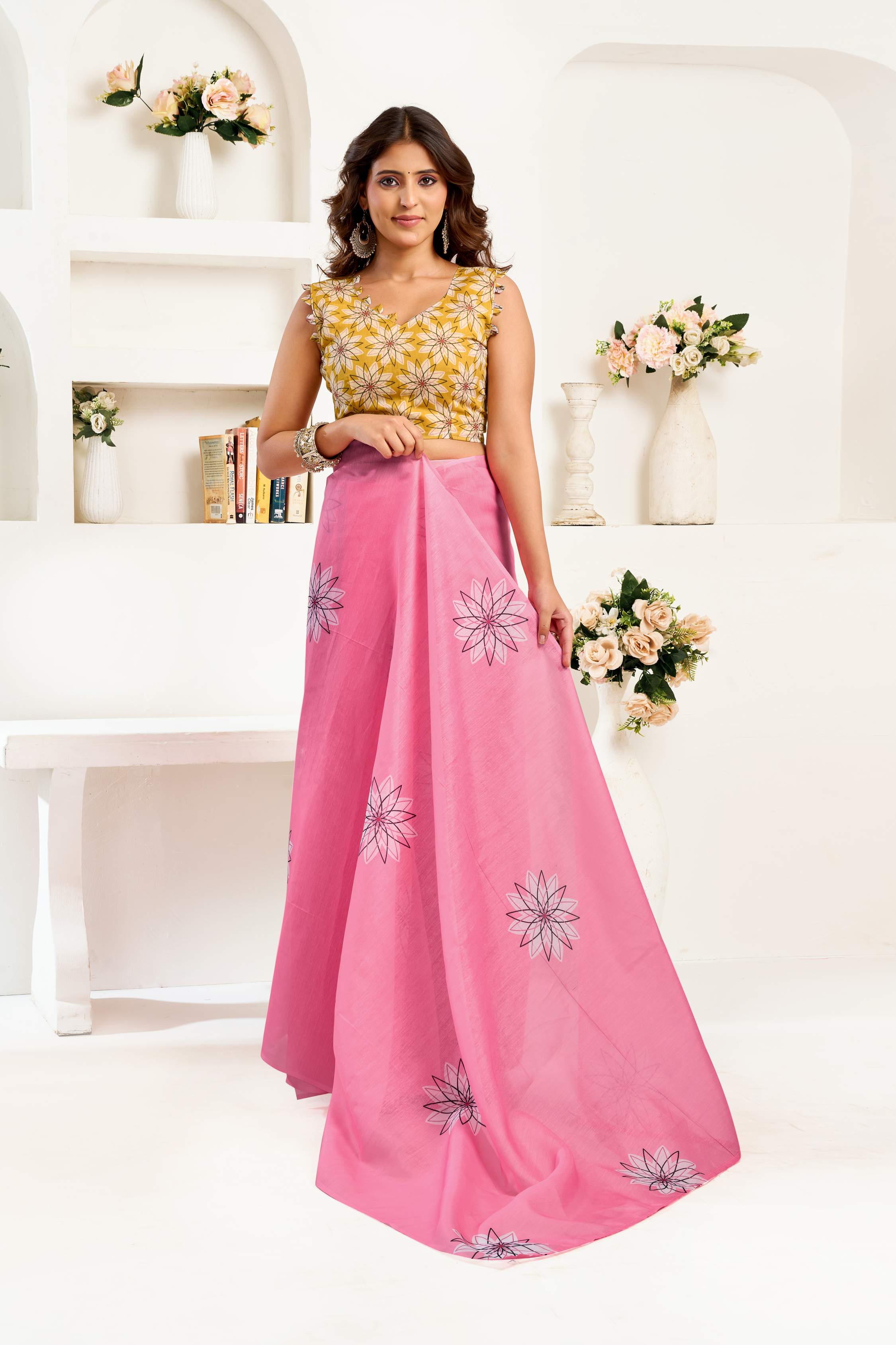 Dwija Fashion Pink Party Wear Printed Linen Ready To Wear Saree With Unstitched Blouse | Grocsy