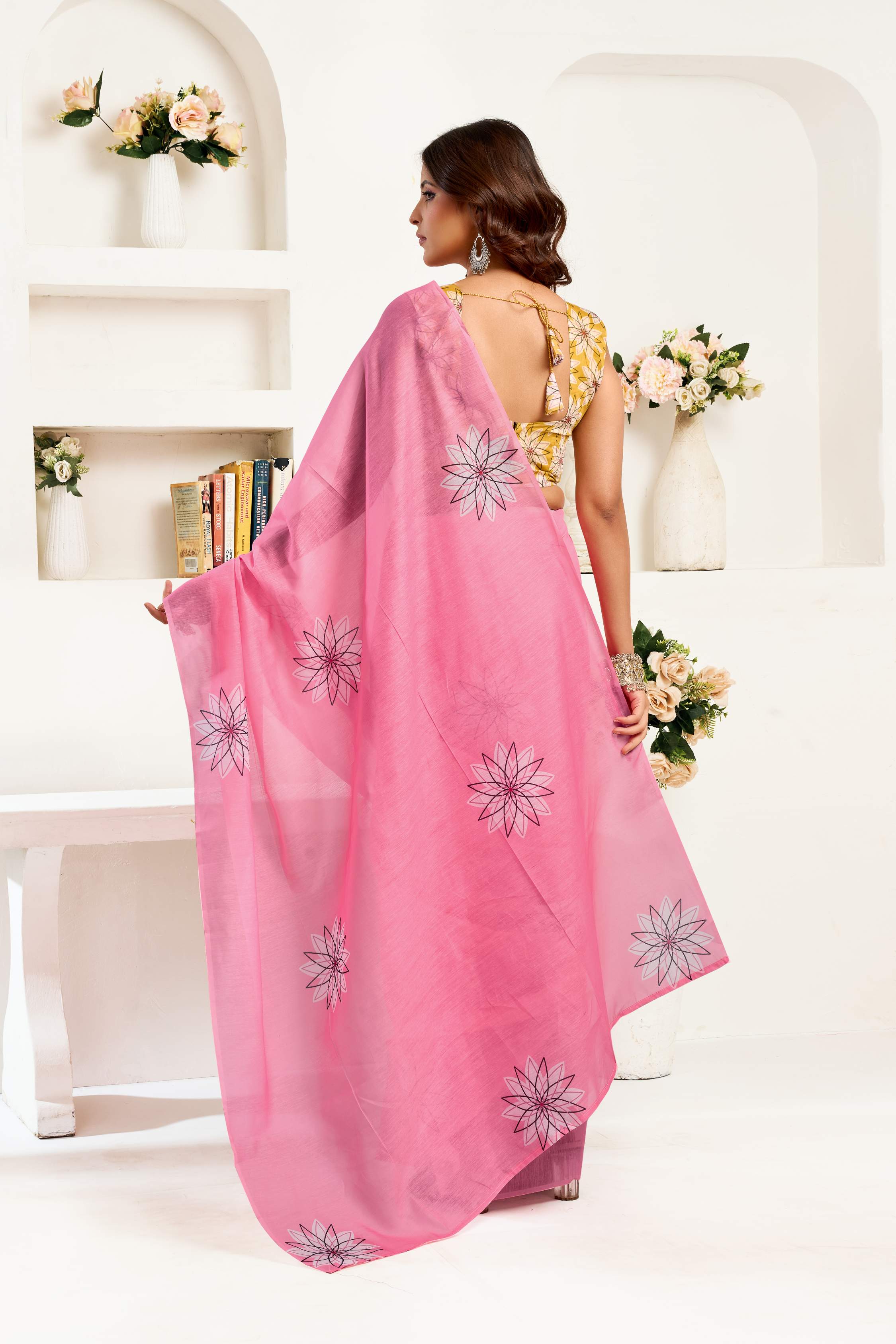 Dwija Fashion Pink Party Wear Printed Linen Ready To Wear Saree With Unstitched Blouse | Grocsy