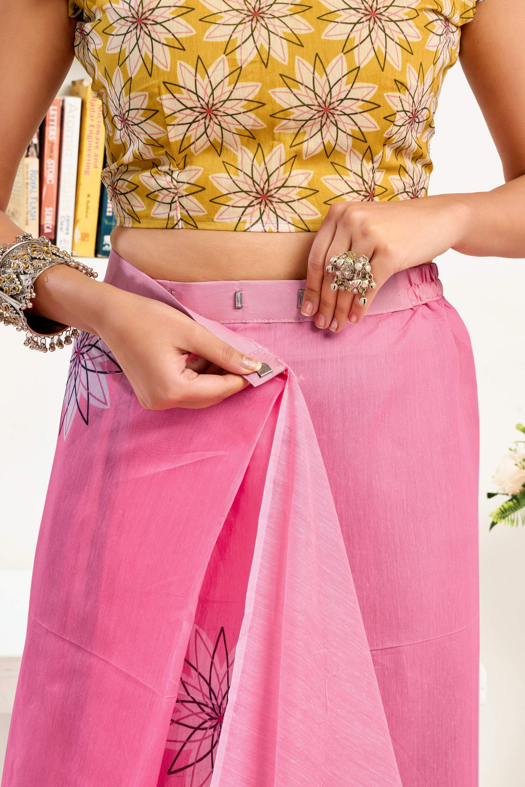 Dwija Fashion Pink Party Wear Printed Linen Ready To Wear Saree With Unstitched Blouse | Grocsy