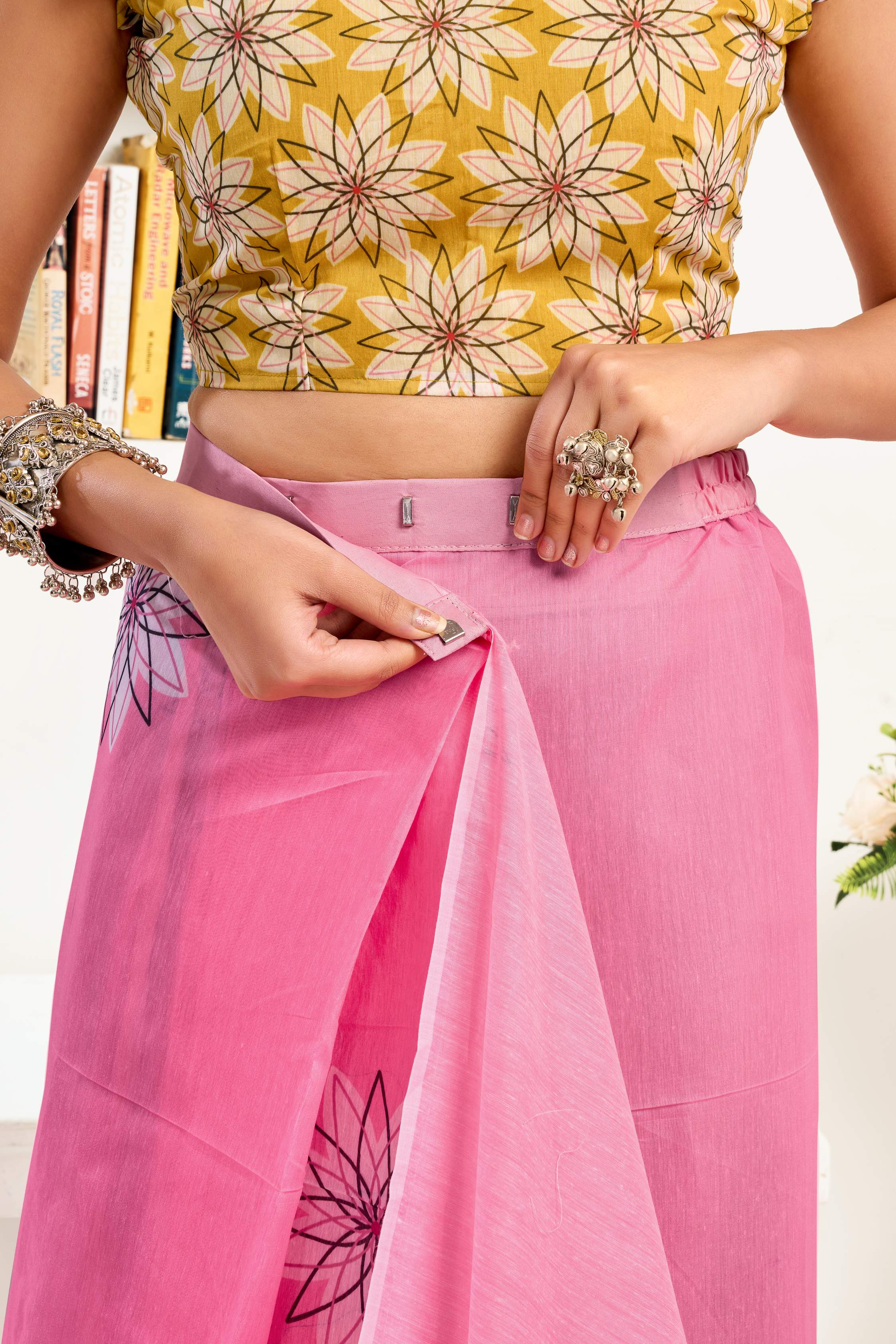 Dwija Fashion Pink Party Wear Printed Linen Ready To Wear Saree With Unstitched Blouse | Grocsy